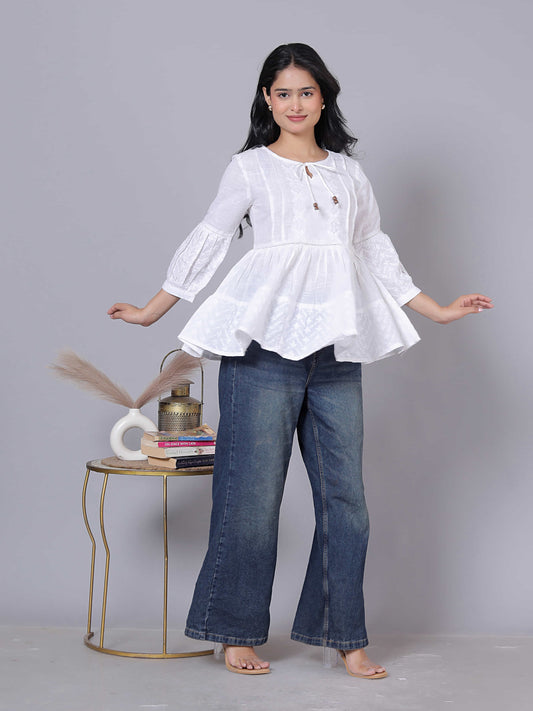 Self Design Bishop Sleeve Cotton Fusion Top