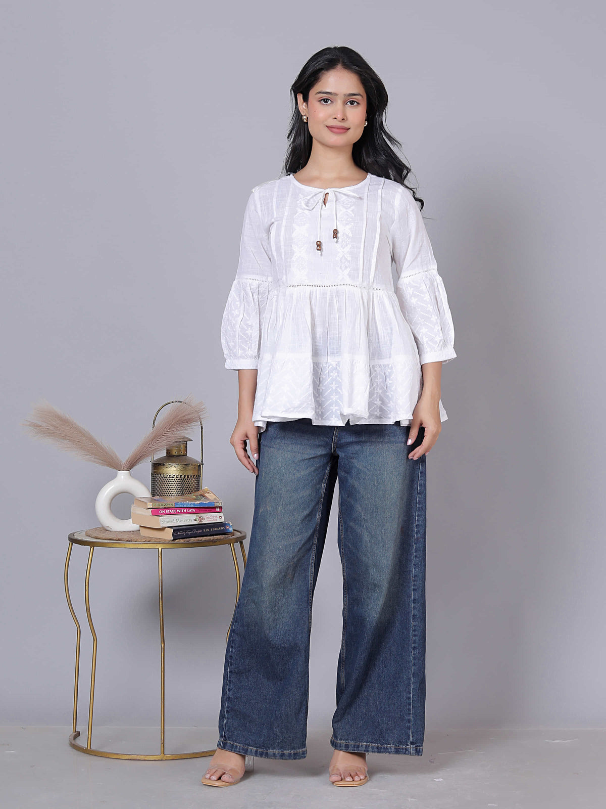 Self Design Bishop Sleeve Cotton Fusion Top