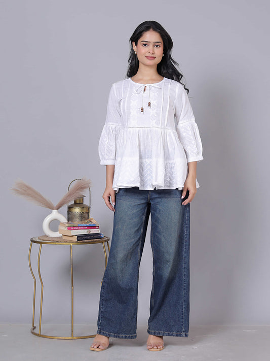 Self Design Bishop Sleeve Cotton Fusion Top