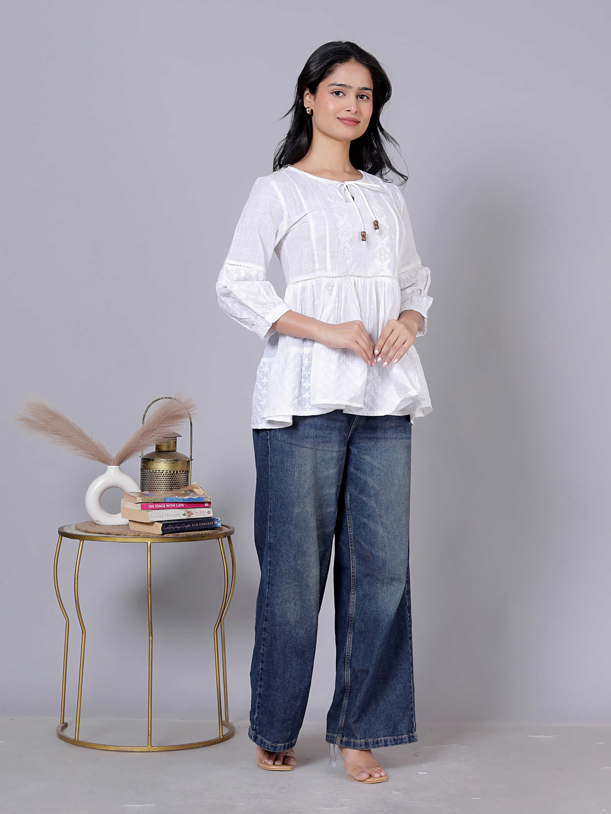 Self Design Bishop Sleeve Cotton Fusion Top