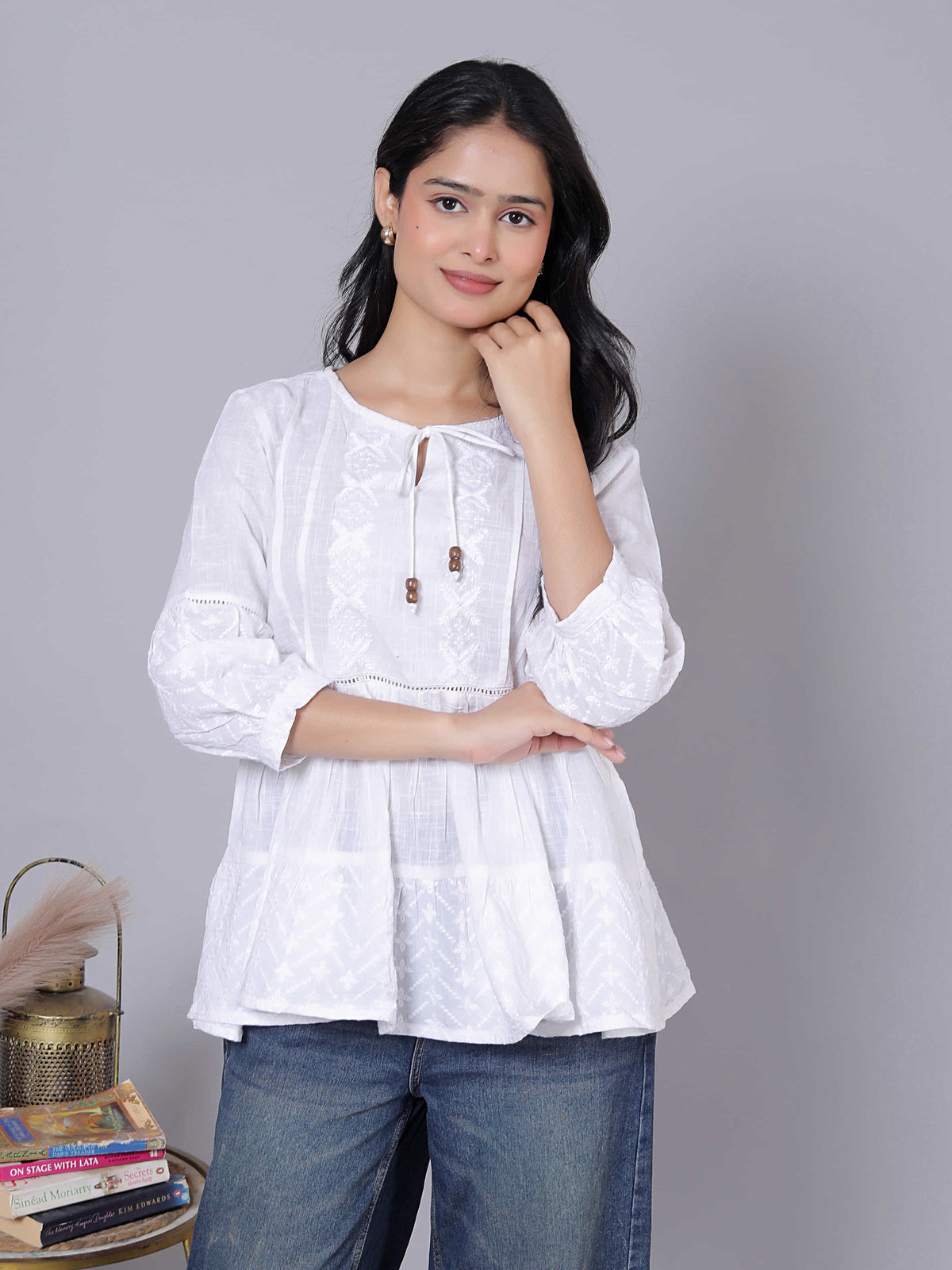 Self Design Bishop Sleeve Cotton Fusion Top