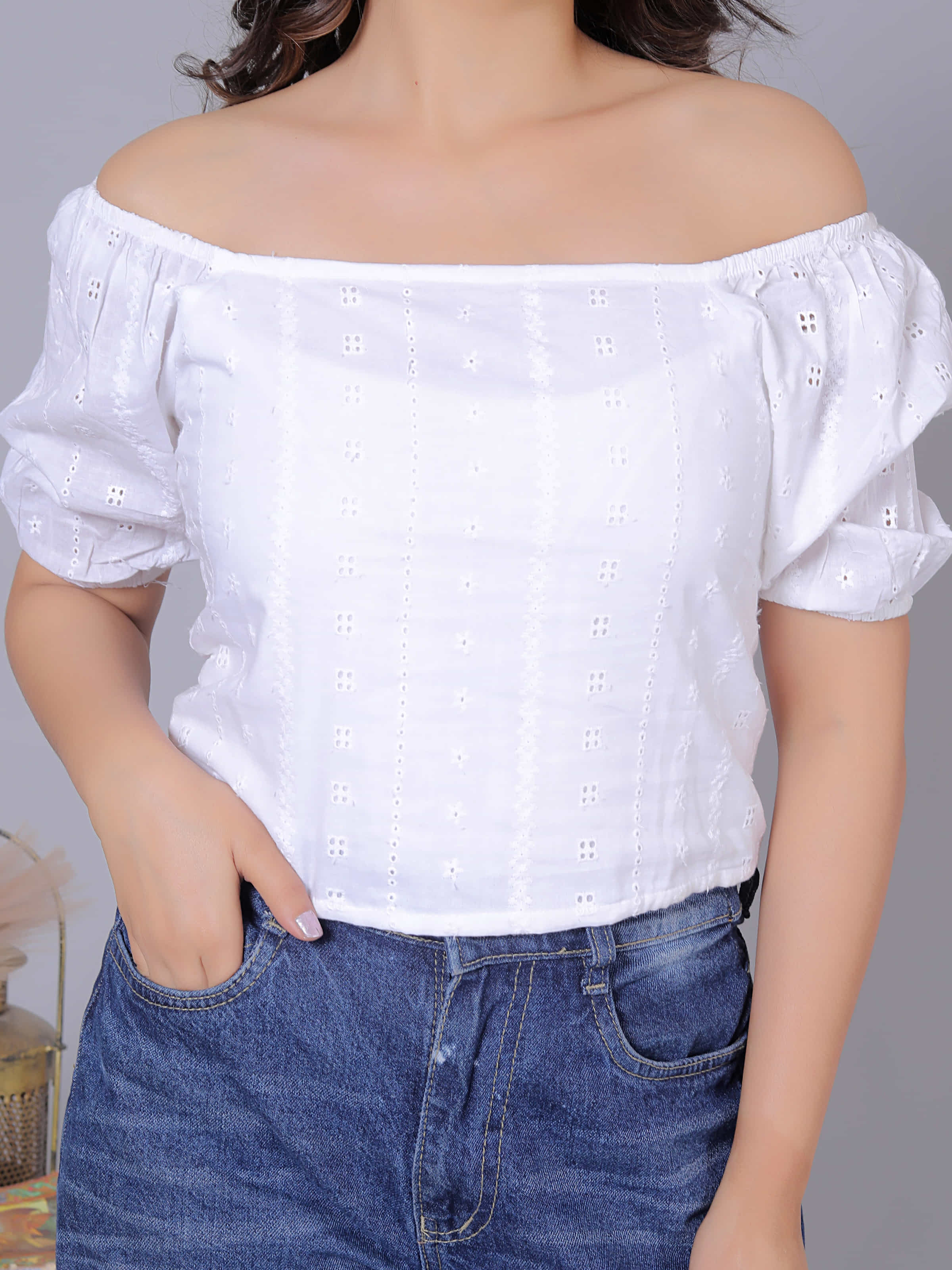 Embroidered Off Shoulder Cotton Top