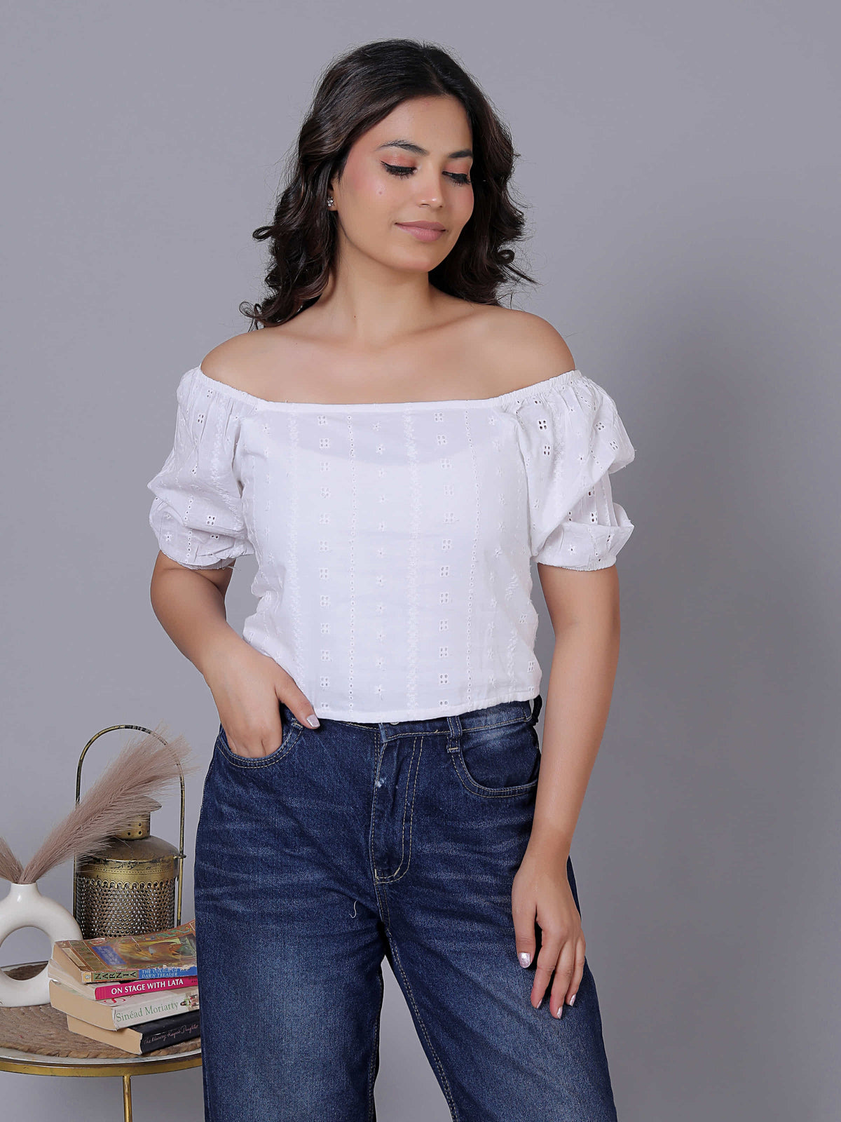 Embroidered Off Shoulder Cotton Top
