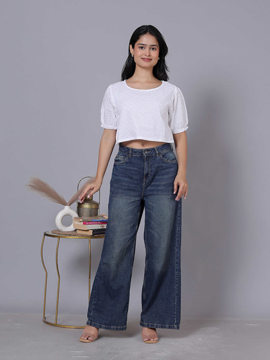 Embroidered Round Neck Puff Sleeve Crop Top