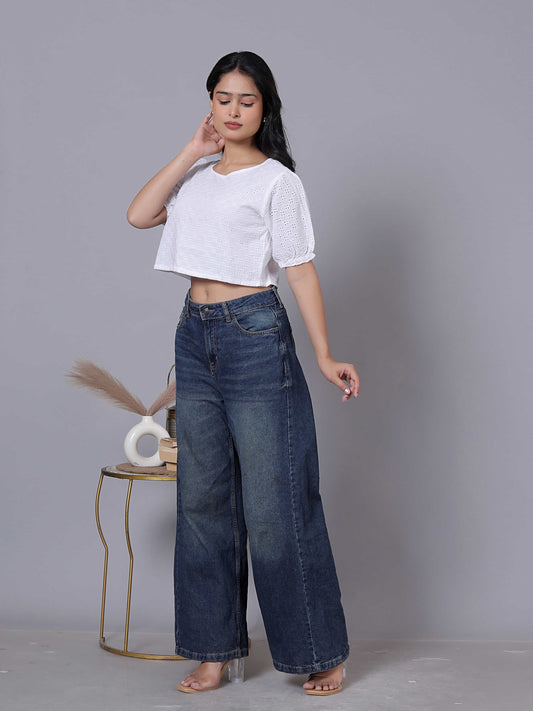 Embroidered Round Neck Puff Sleeve Crop Top