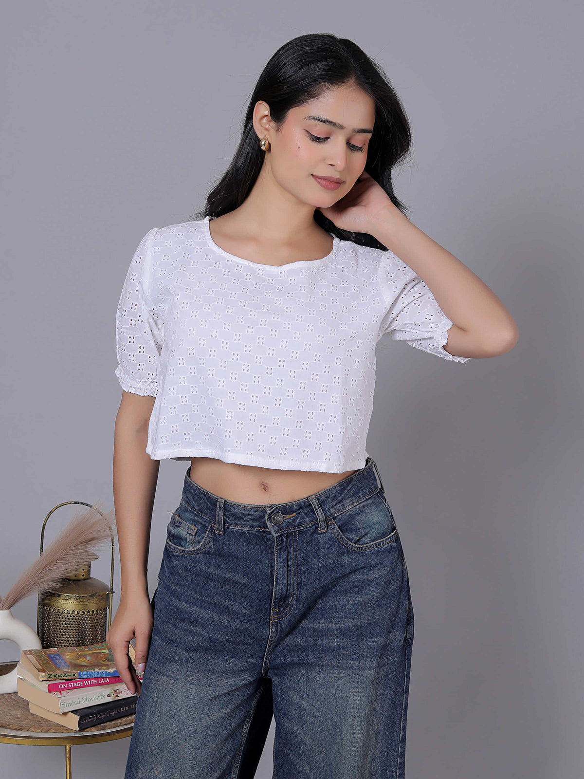 Embroidered Round Neck Puff Sleeve Crop Top