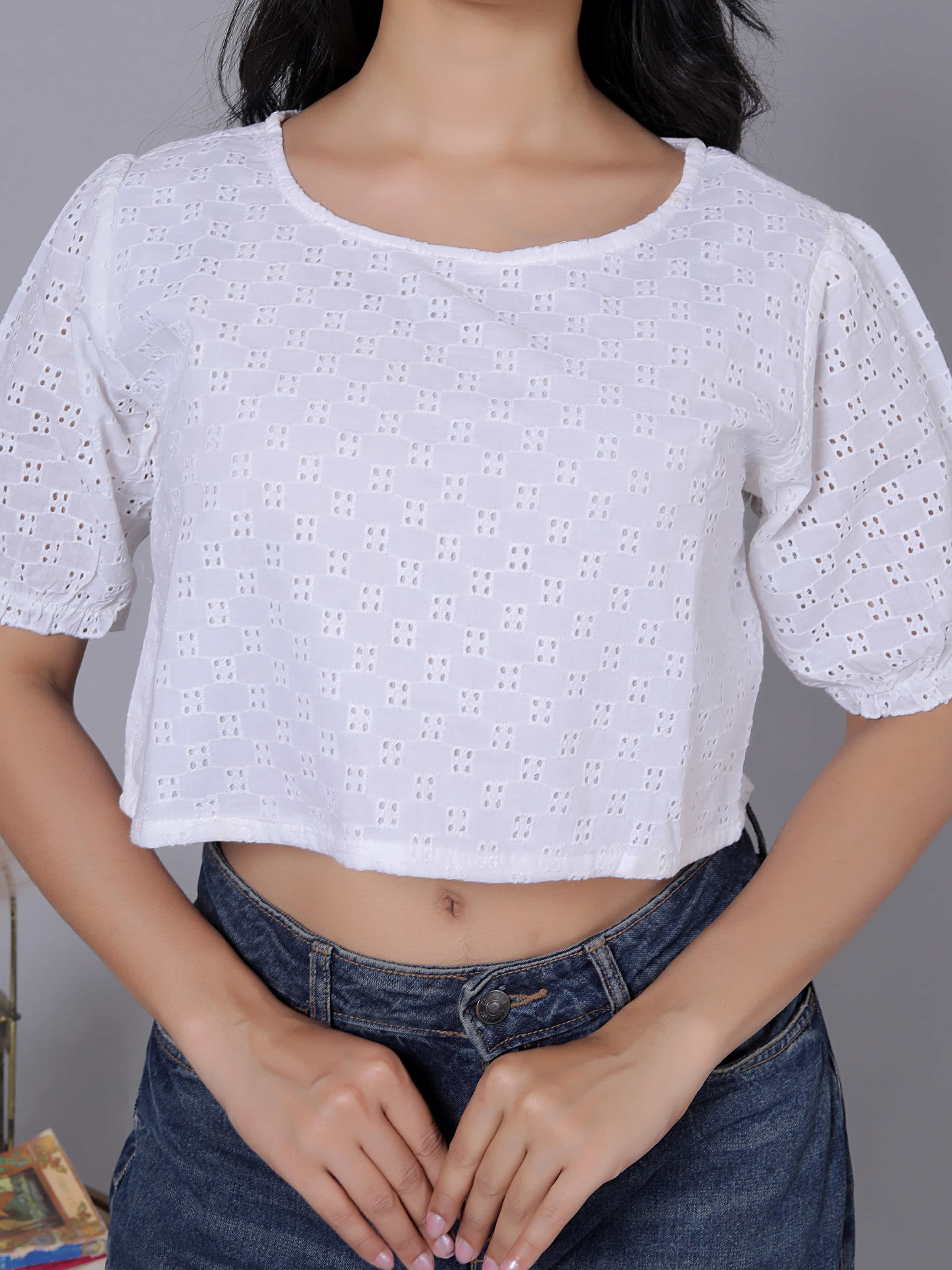 Embroidered Round Neck Puff Sleeve Crop Top