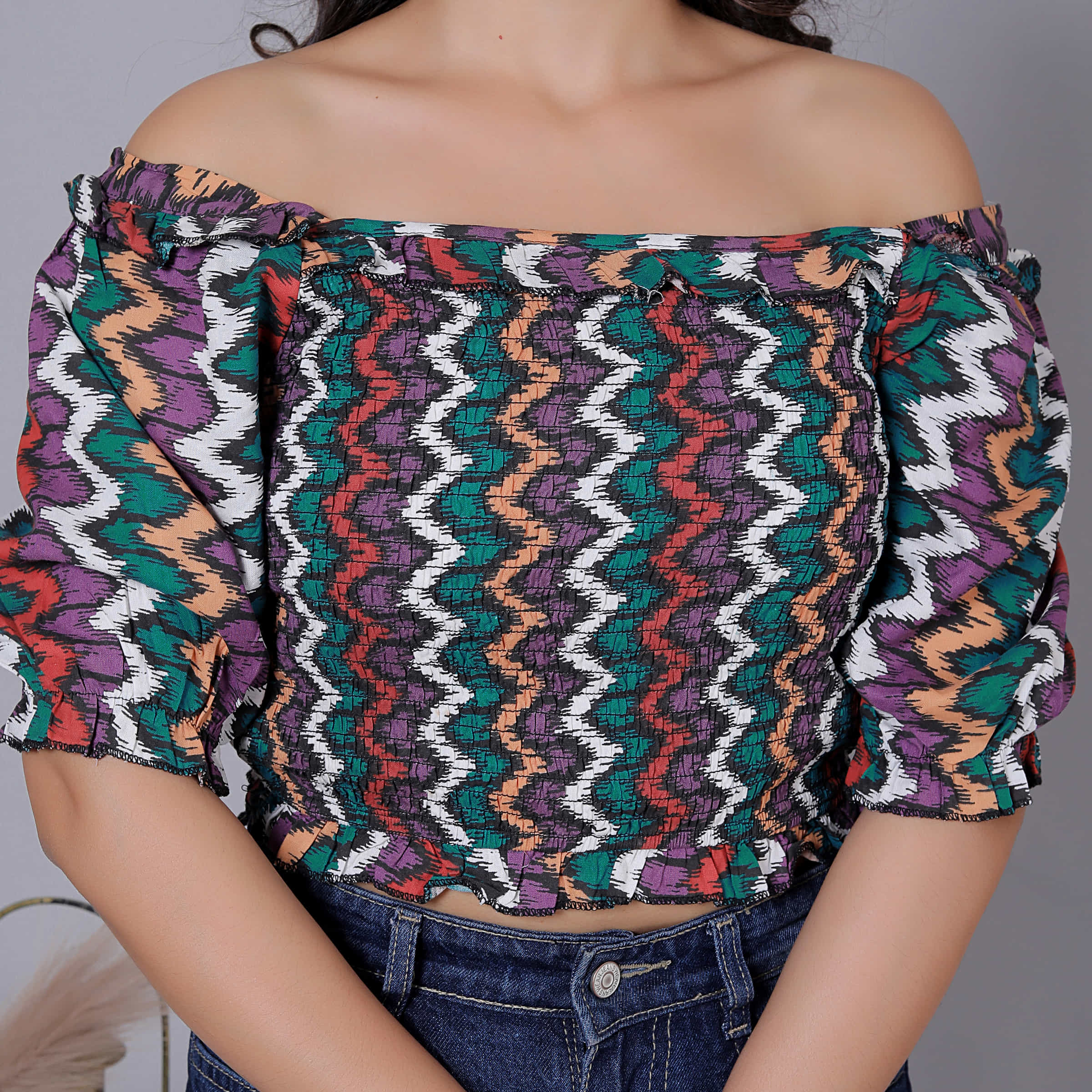 Chevron Print Ruffle Off Shoulder Cotton Top