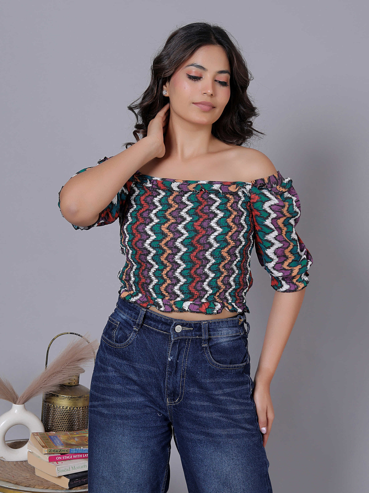 Chevron Print Ruffle Off Shoulder Cotton Top