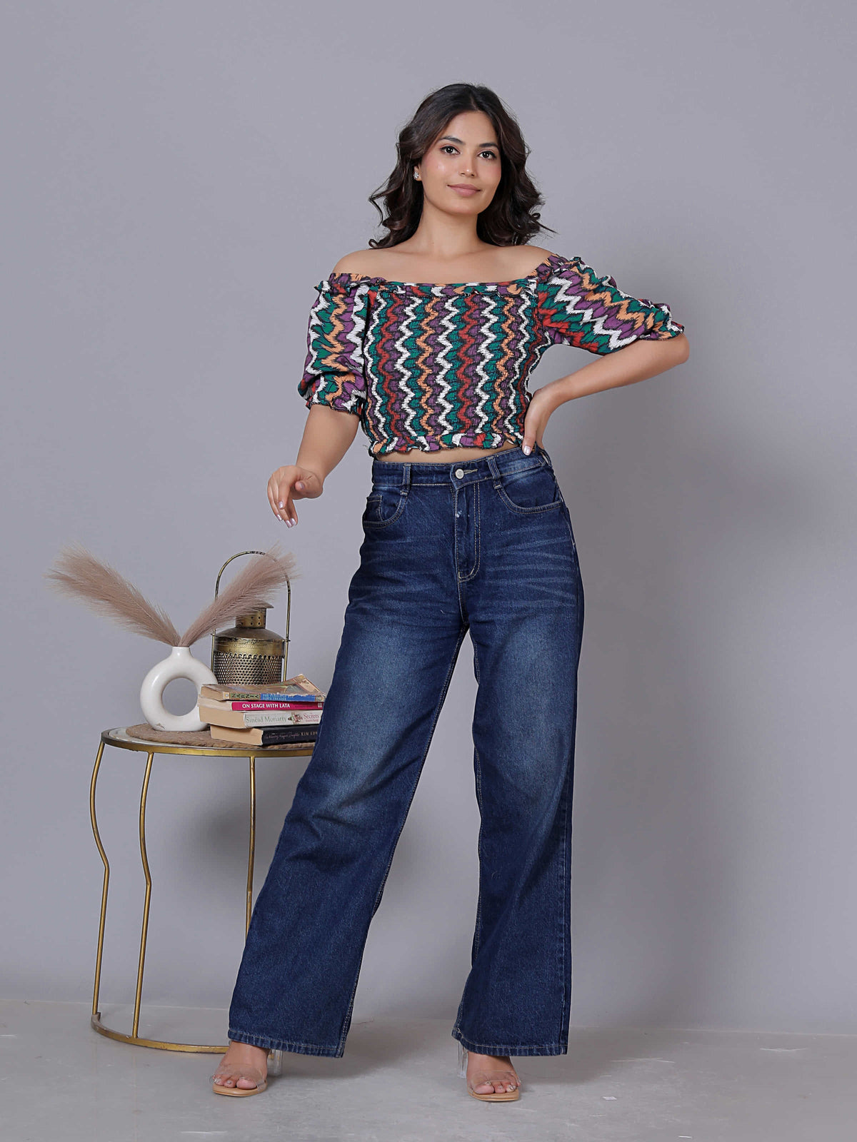 Chevron Print Ruffle Off Shoulder Cotton Top