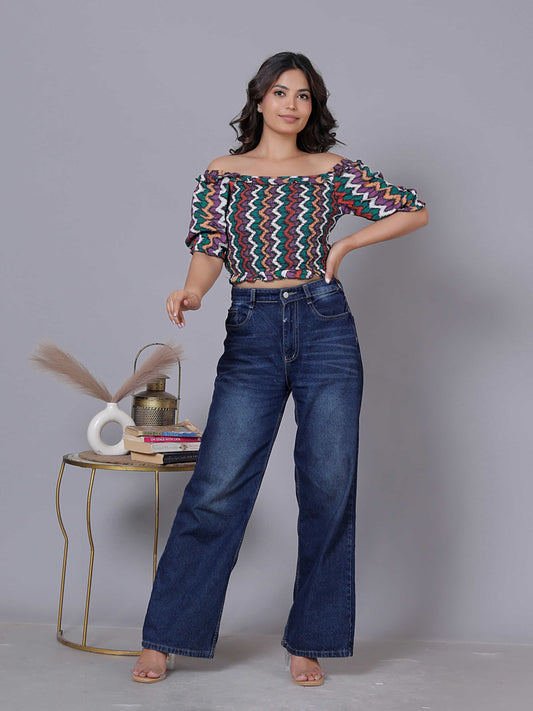 Chevron Print Ruffle Off Shoulder Cotton Top
