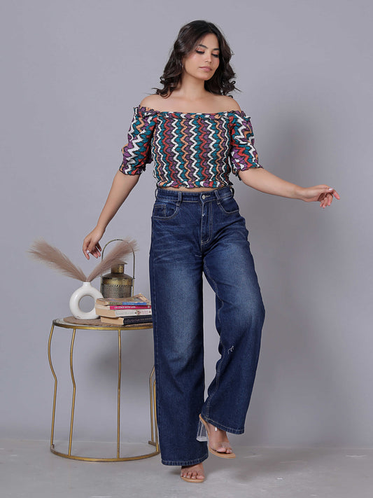 Chevron Print Ruffle Off Shoulder Cotton Top