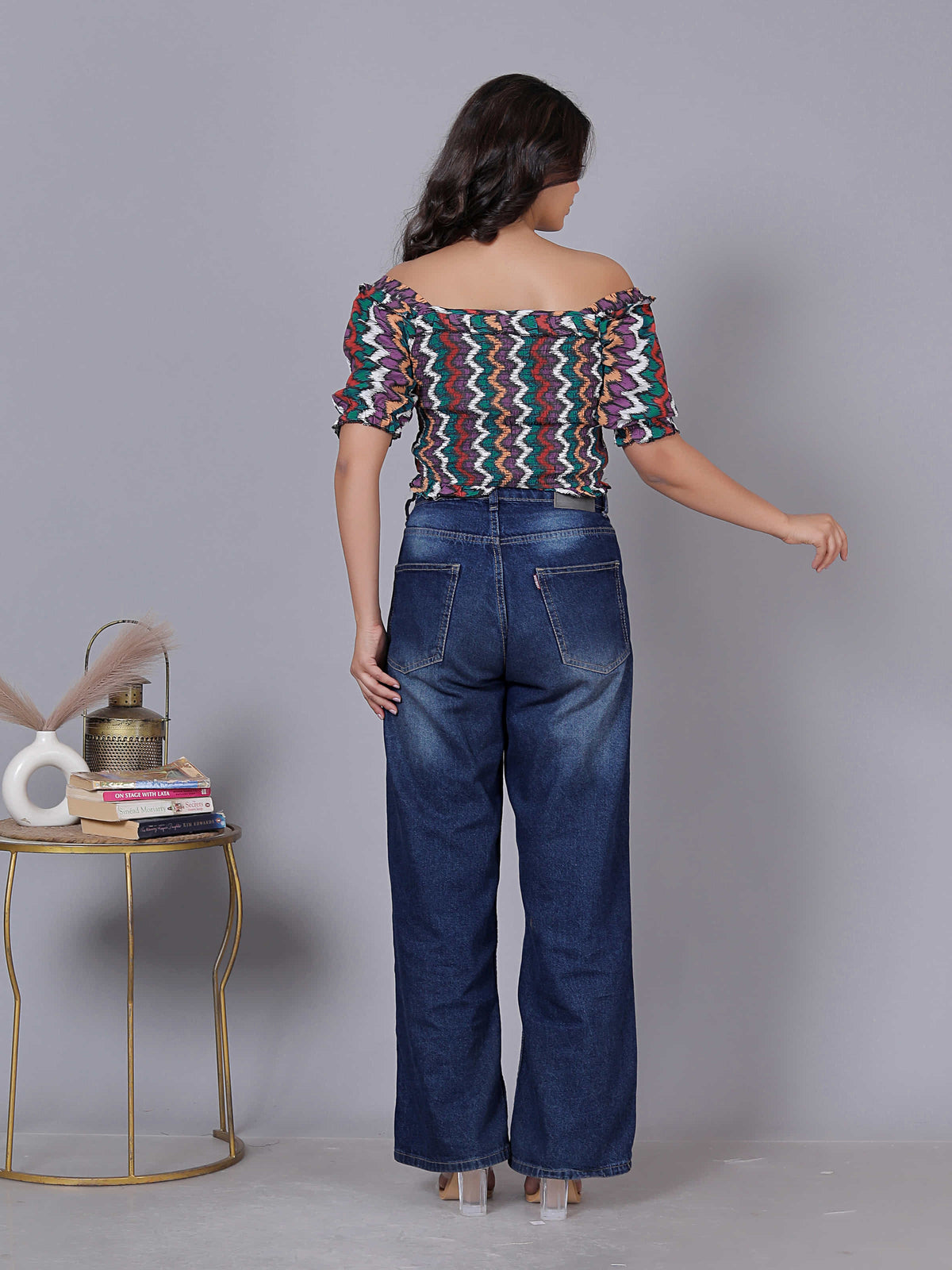Chevron Print Ruffle Off Shoulder Cotton Top