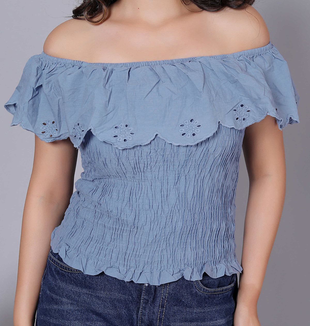 Laser Cut Self Design Off Shoulder Cotton Top