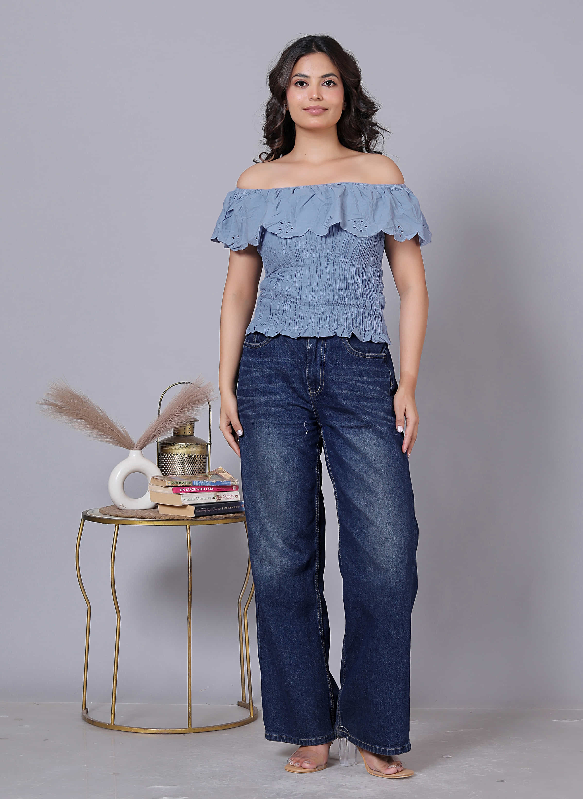 Laser Cut Self Design Off Shoulder Cotton Top