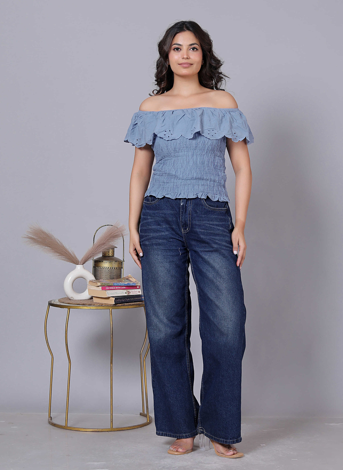 Laser Cut Self Design Off Shoulder Cotton Top