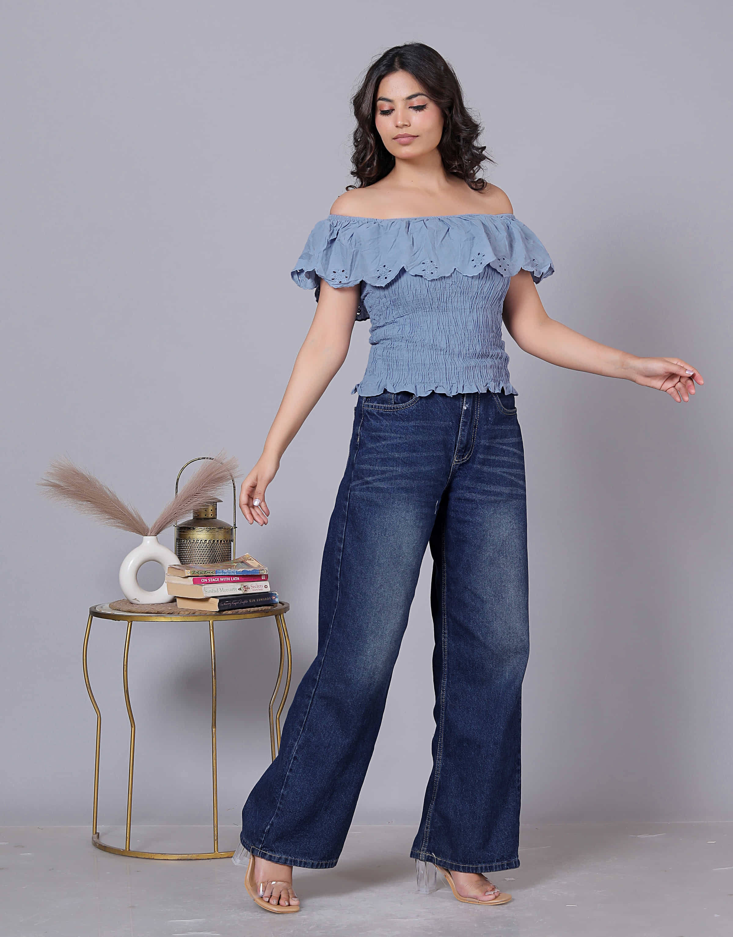 Laser Cut Self Design Off Shoulder Cotton Top