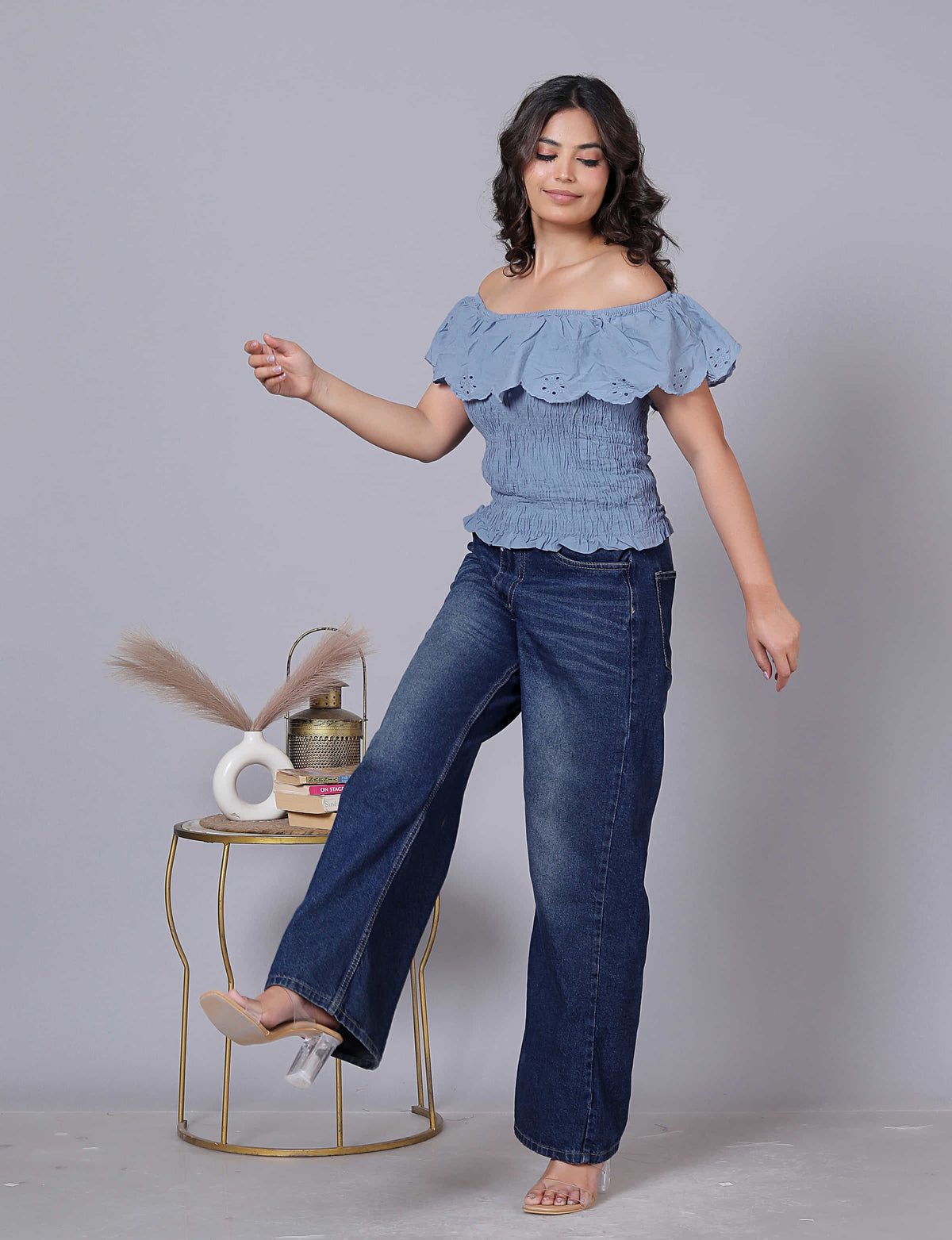 Laser Cut Self Design Off Shoulder Cotton Top