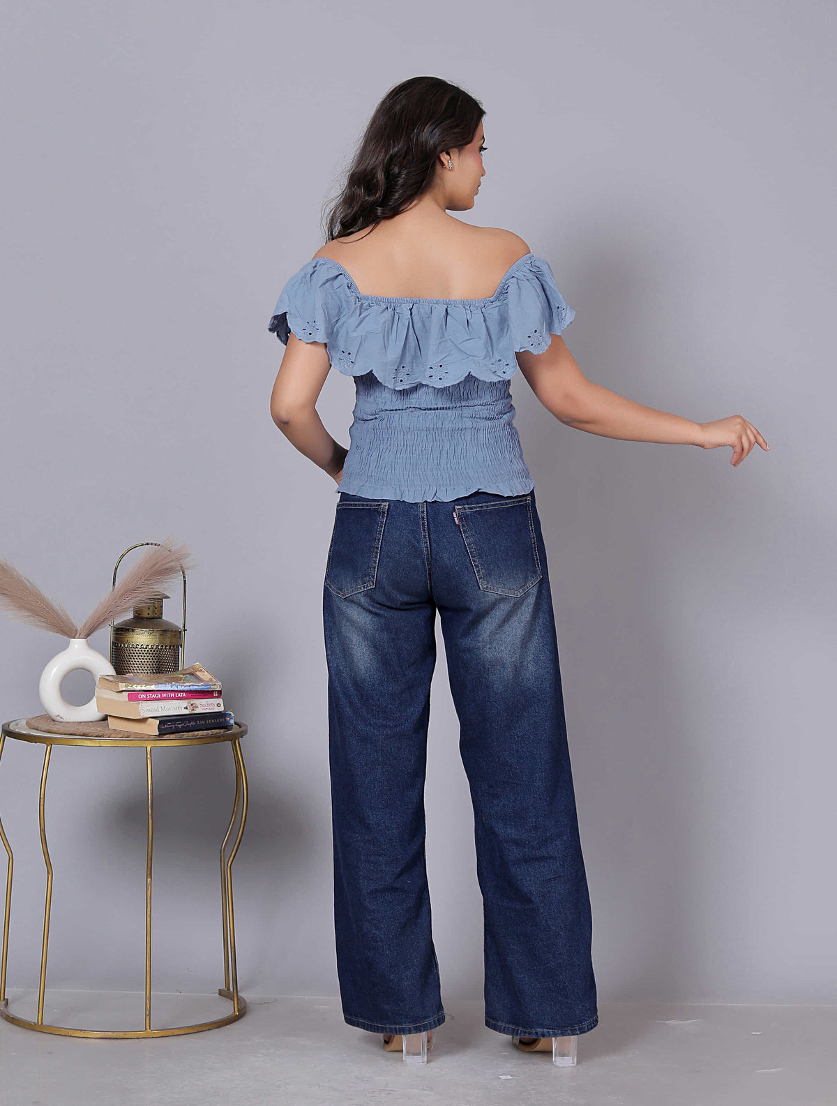 Laser Cut Self Design Off Shoulder Cotton Top