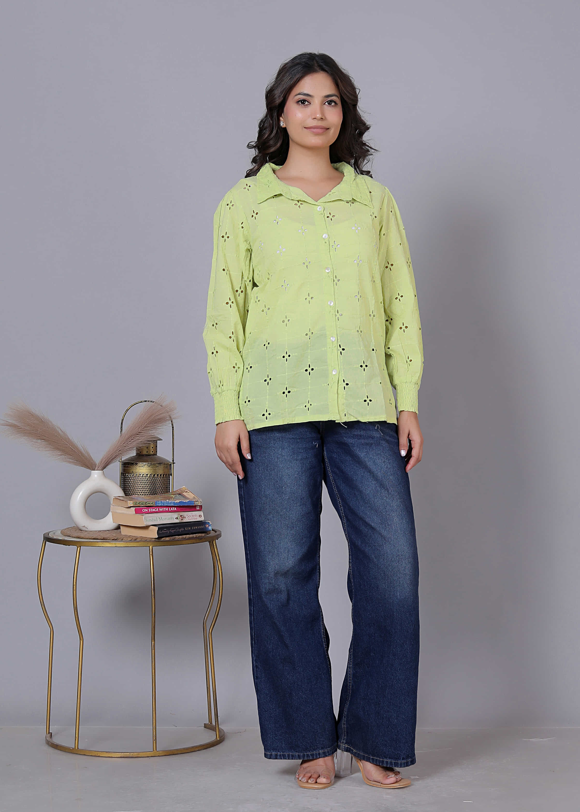 Laser Cut Embroidered Shirt Style Cotton Top