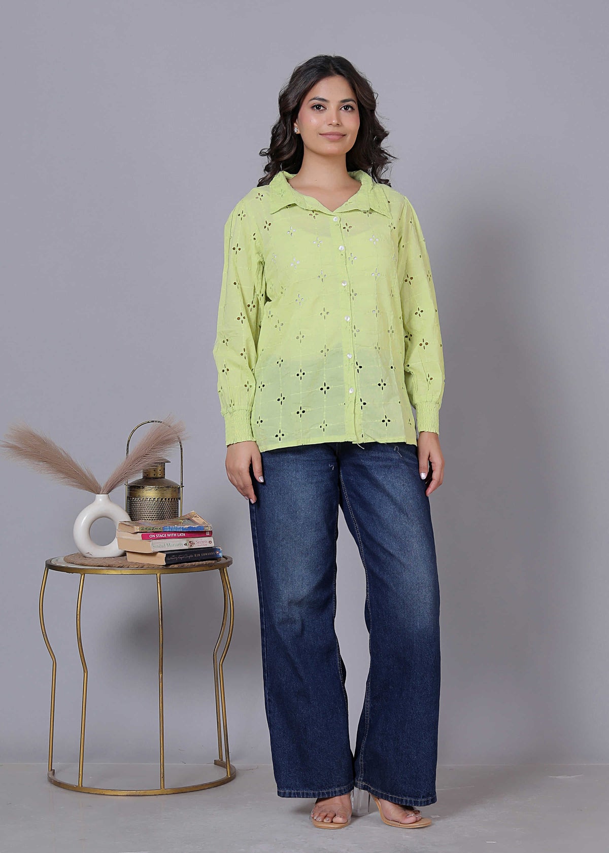 Laser Cut Embroidered Shirt Style Cotton Top