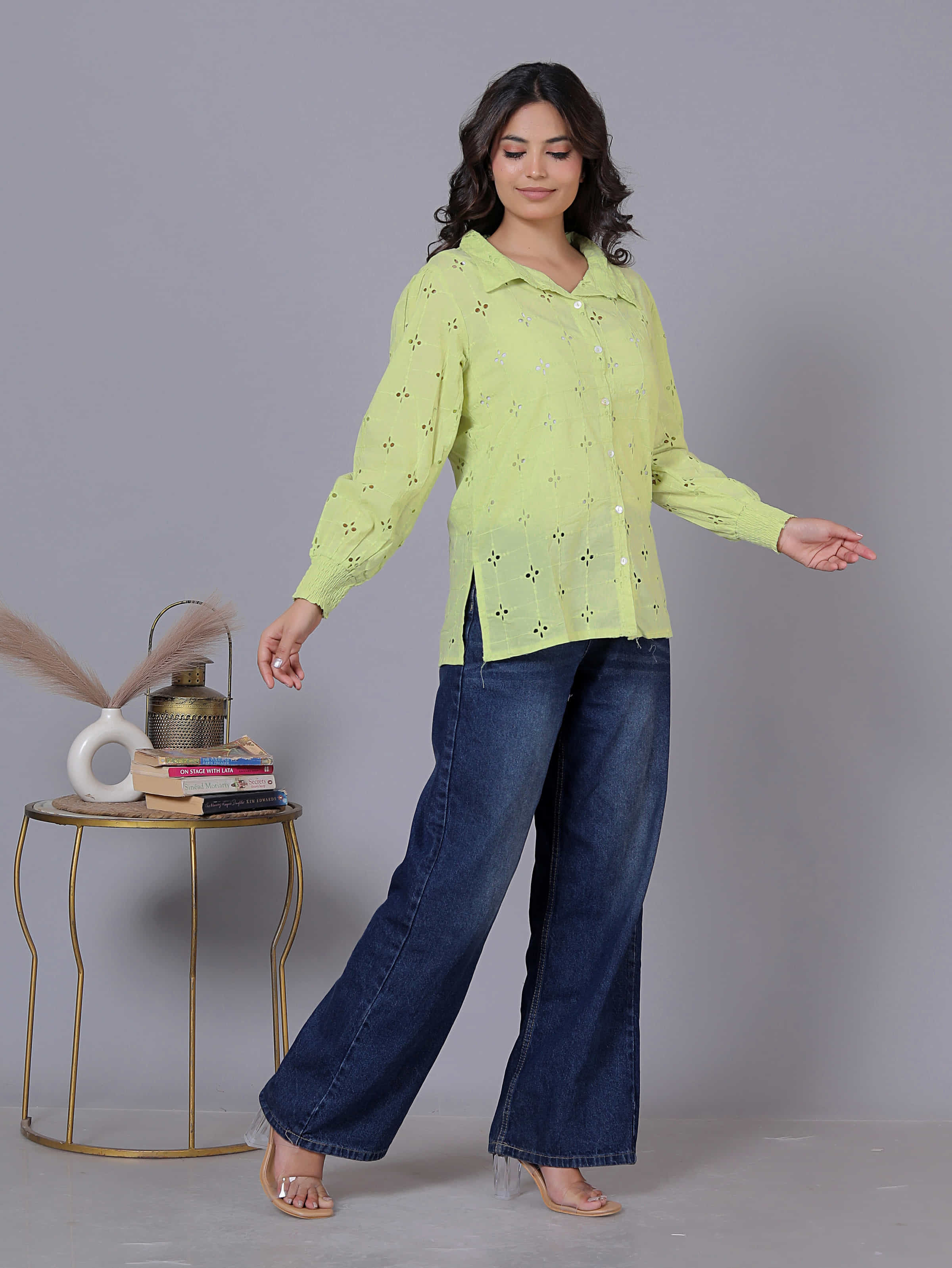 Laser Cut Embroidered Shirt Style Cotton Top