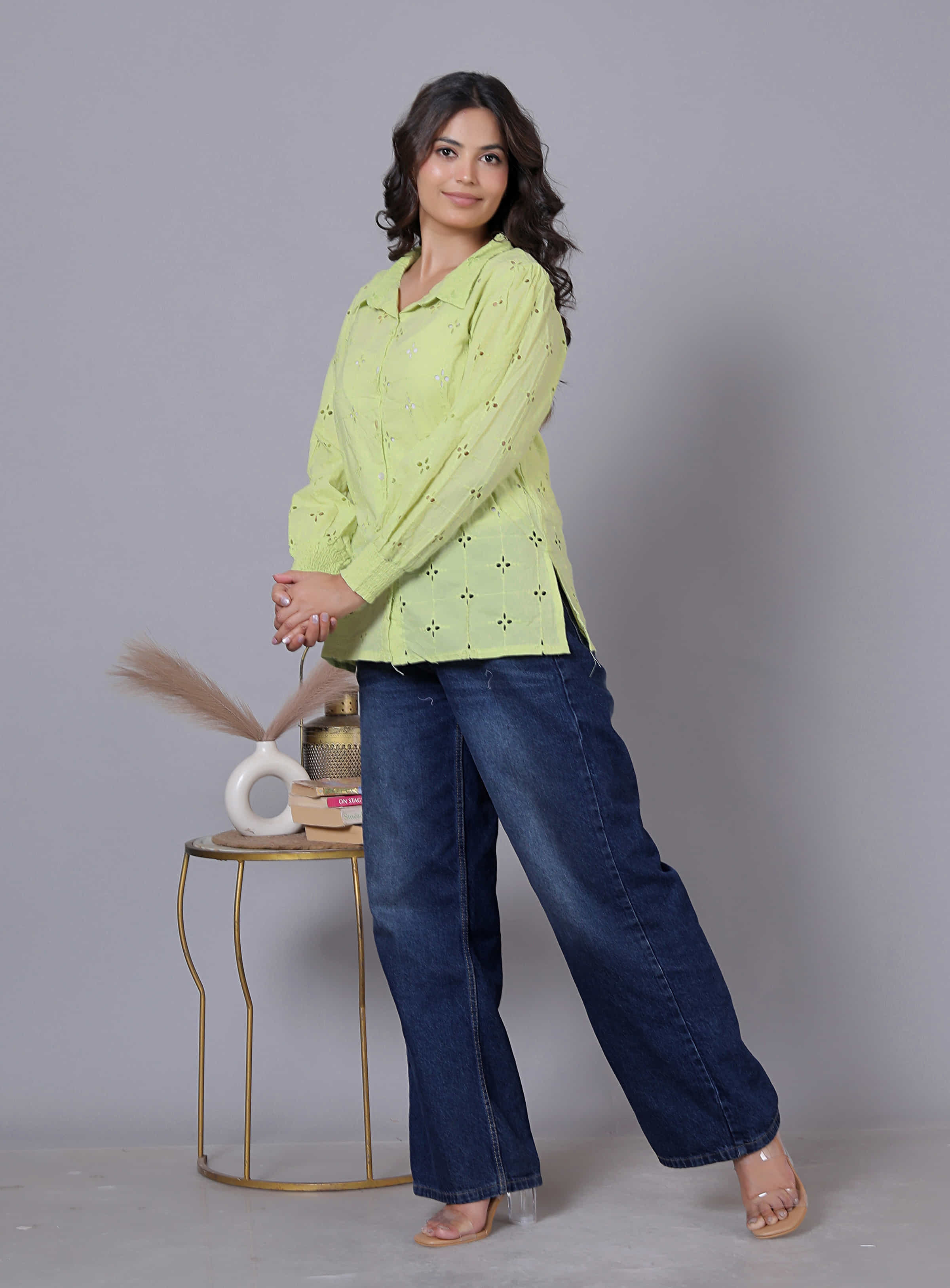 Laser Cut Embroidered Shirt Style Cotton Top