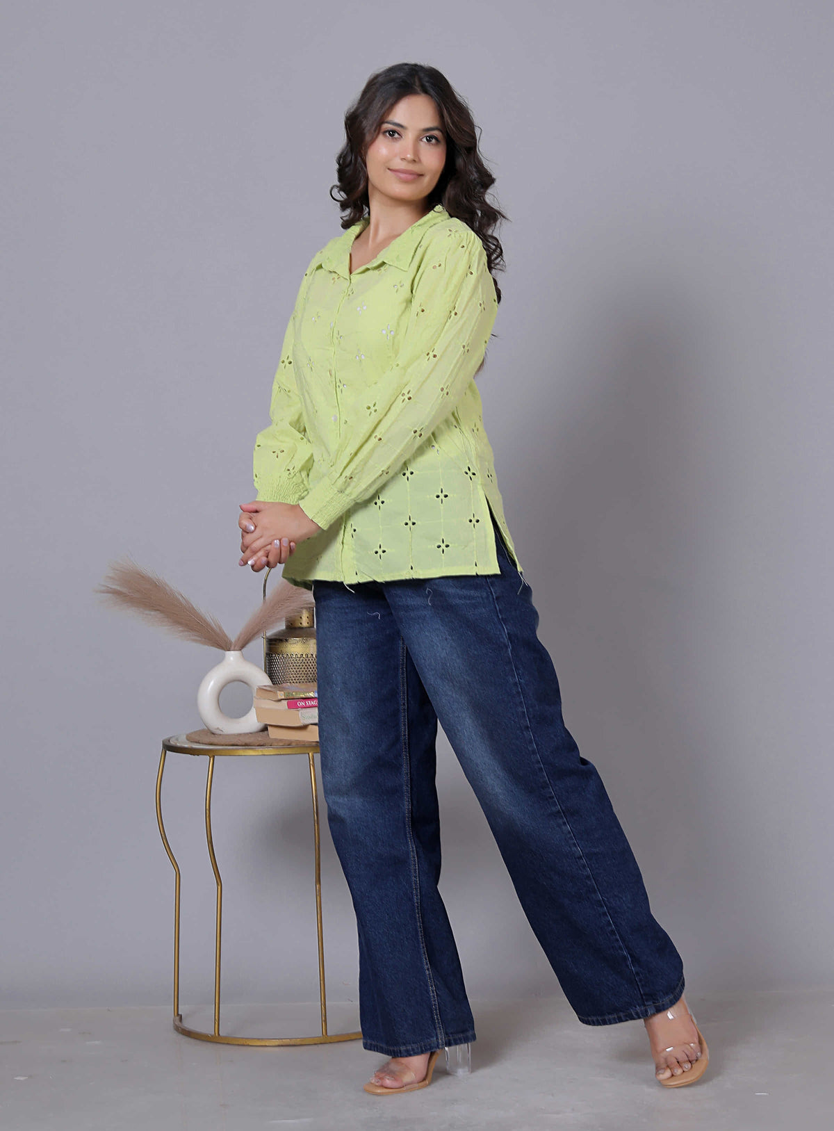 Laser Cut Embroidered Shirt Style Cotton Top