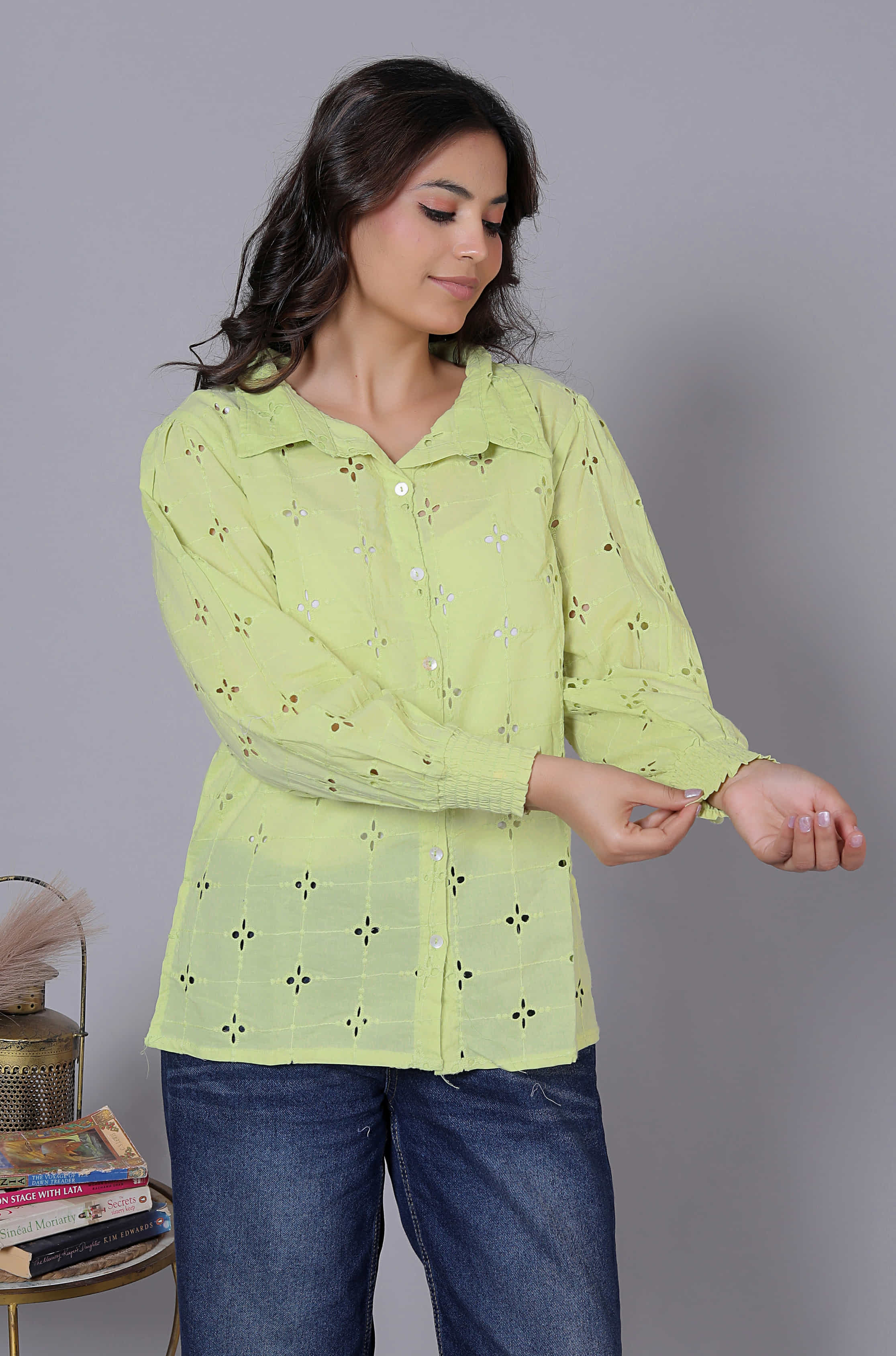 Laser Cut Embroidered Shirt Style Cotton Top