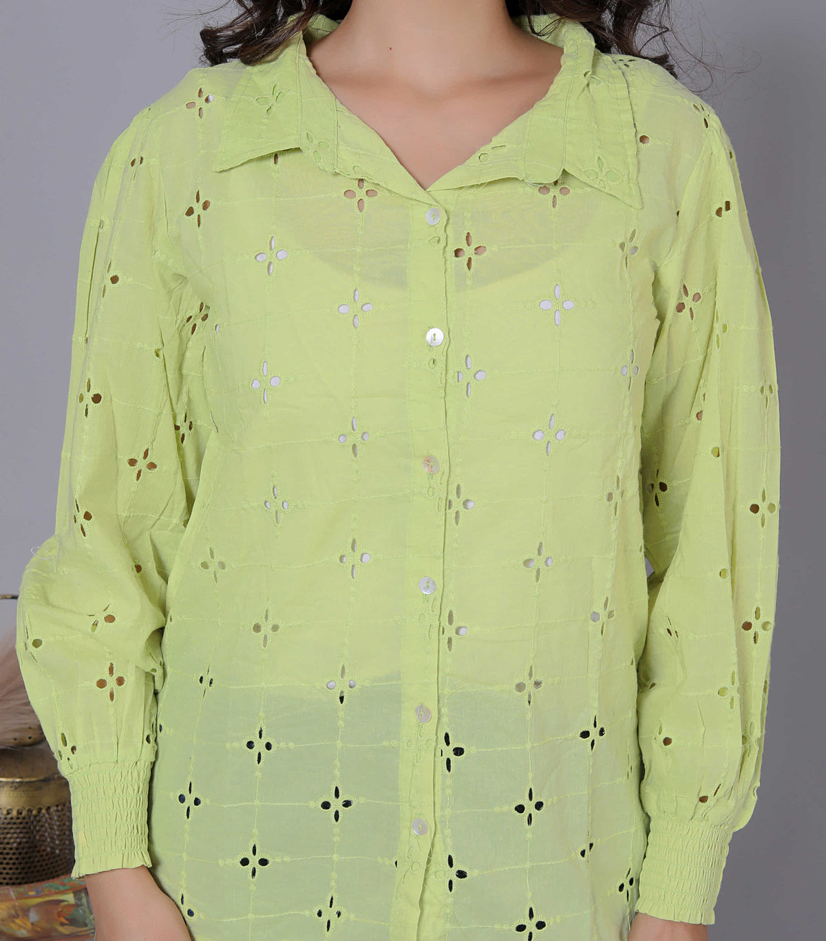 Laser Cut Embroidered Shirt Style Cotton Top