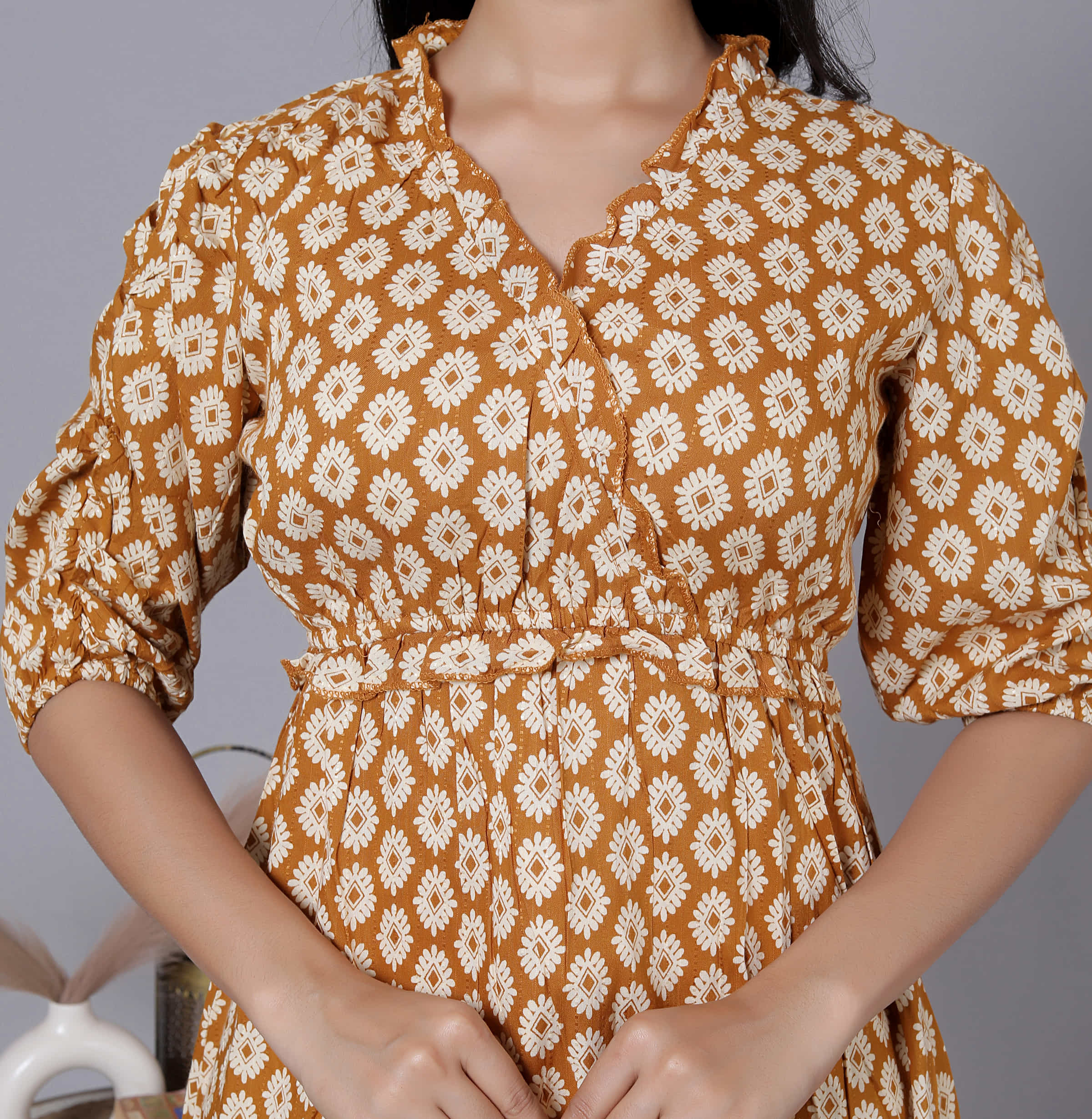 Mustard Printed Puff Sleeve Dress