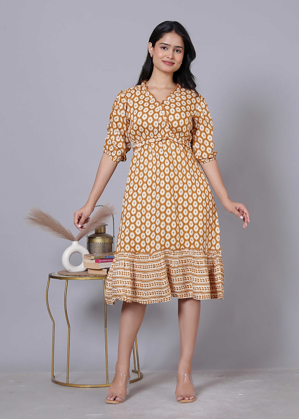 Mustard Printed Puff Sleeve Dress