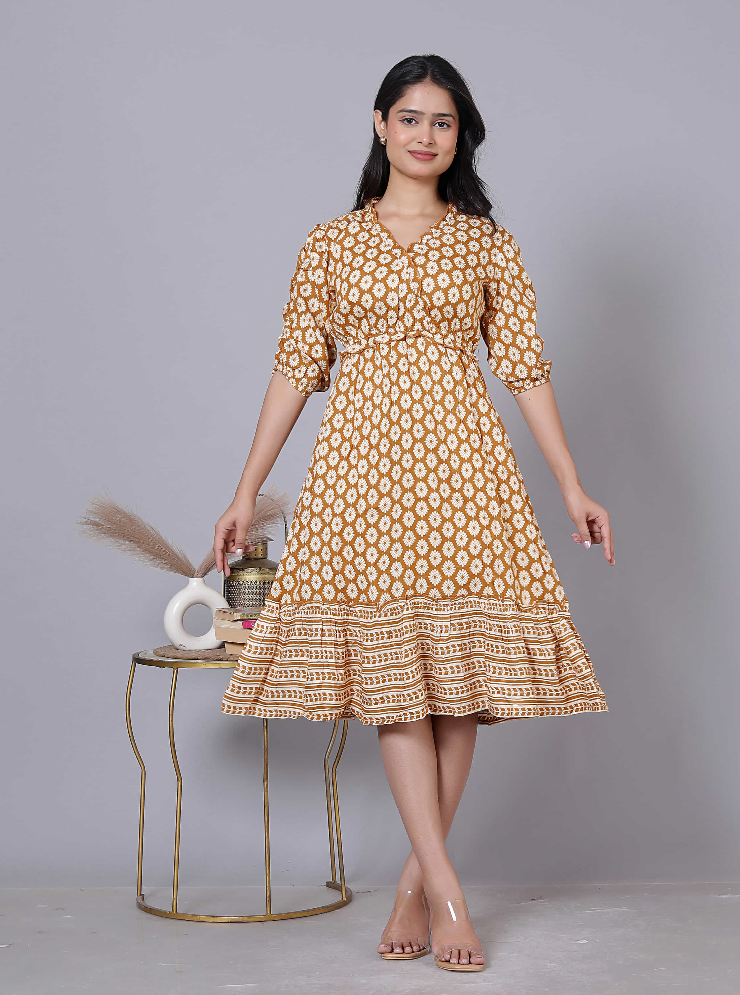 Mustard Printed Puff Sleeve Dress