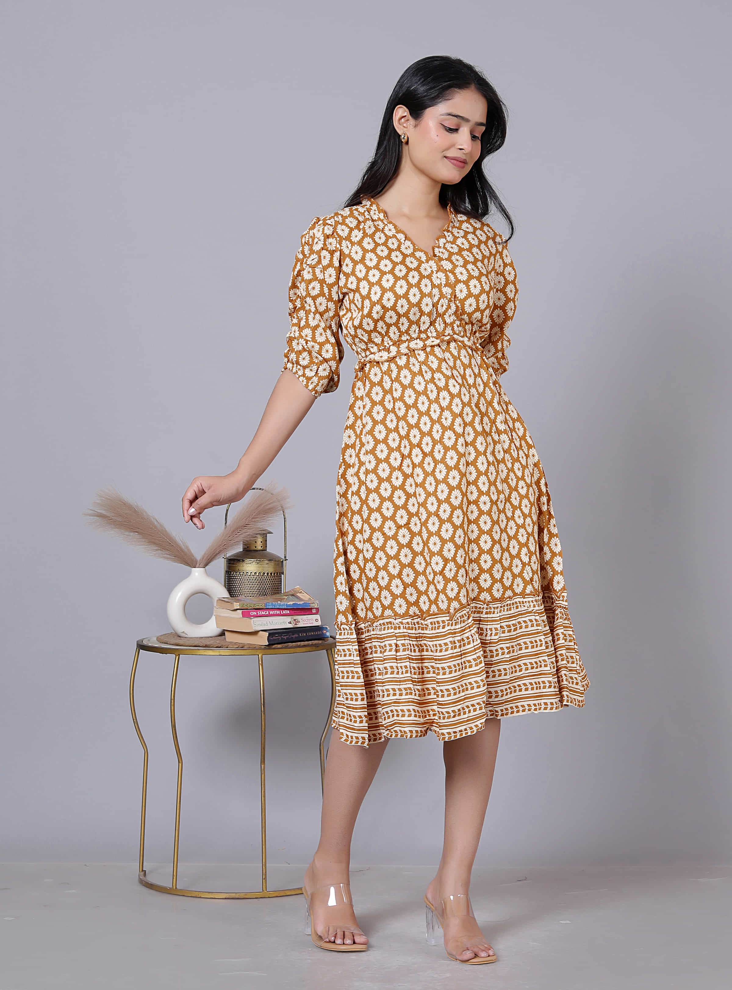 Mustard Printed Puff Sleeve Dress