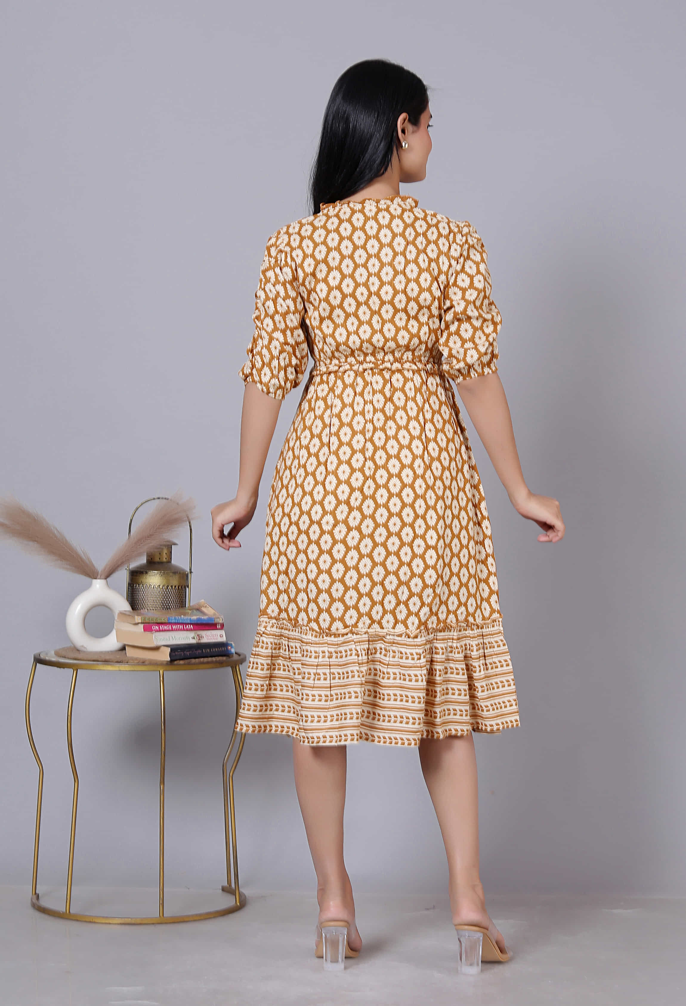 Mustard Printed Puff Sleeve Dress