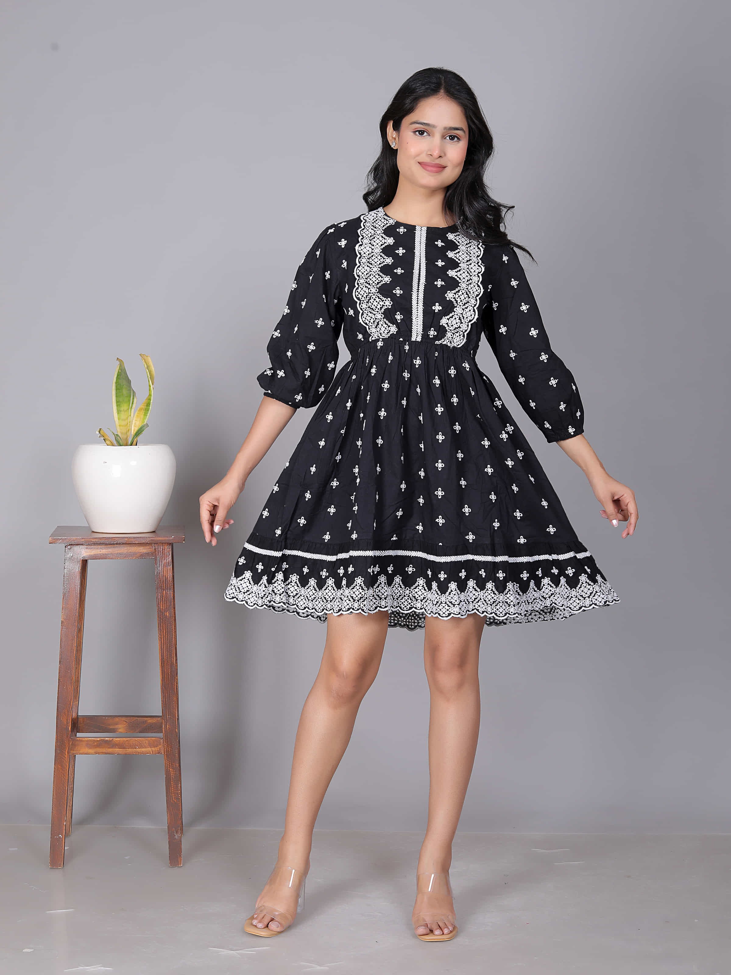 Black Embroidered Fit Flare Dress