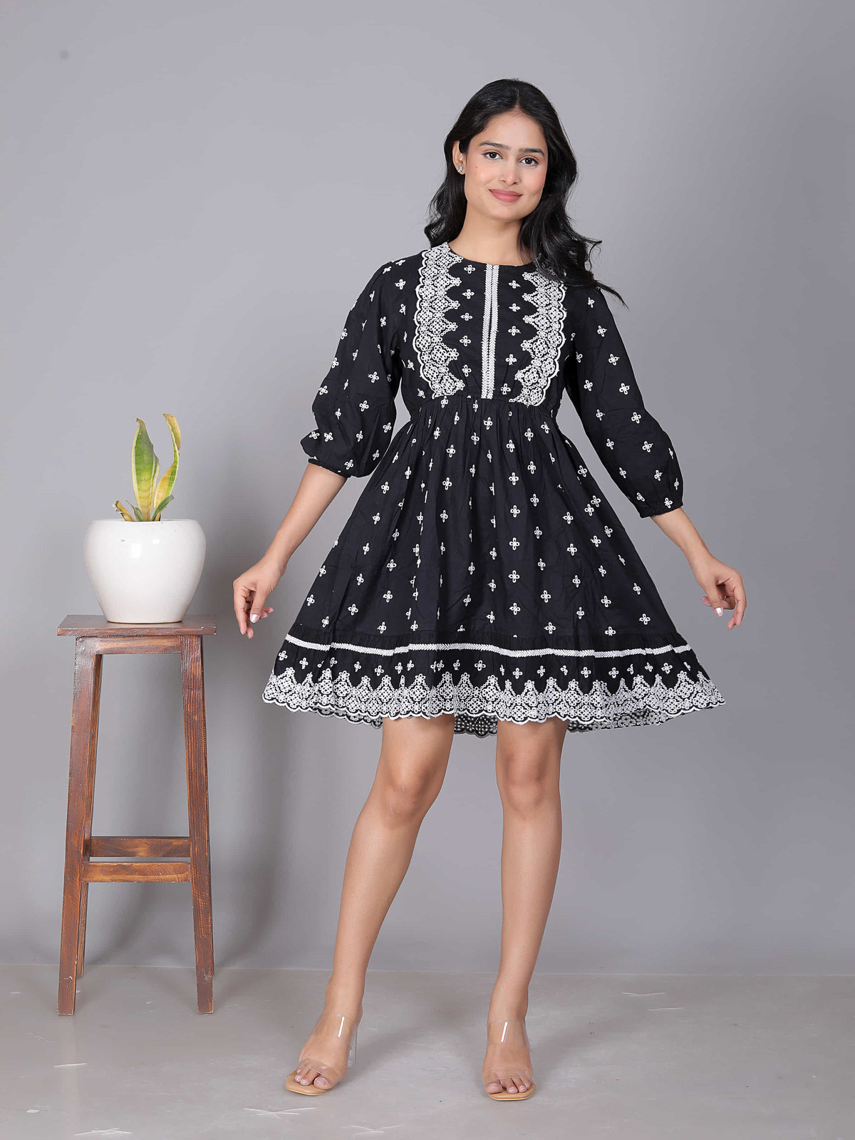 Black Embroidered Fit Flare Dress