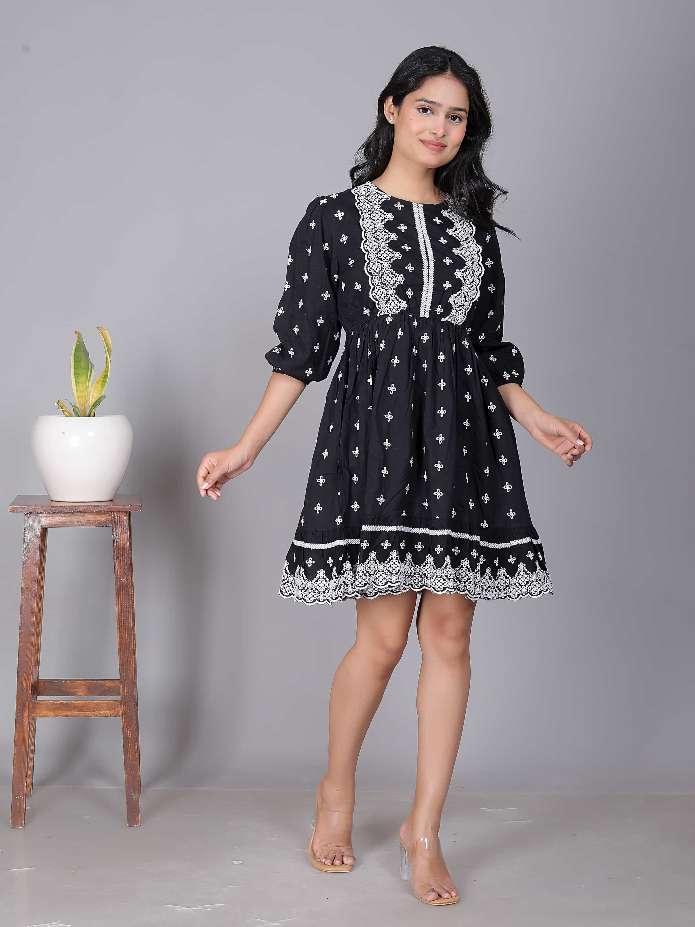 Black Embroidered Fit Flare Dress