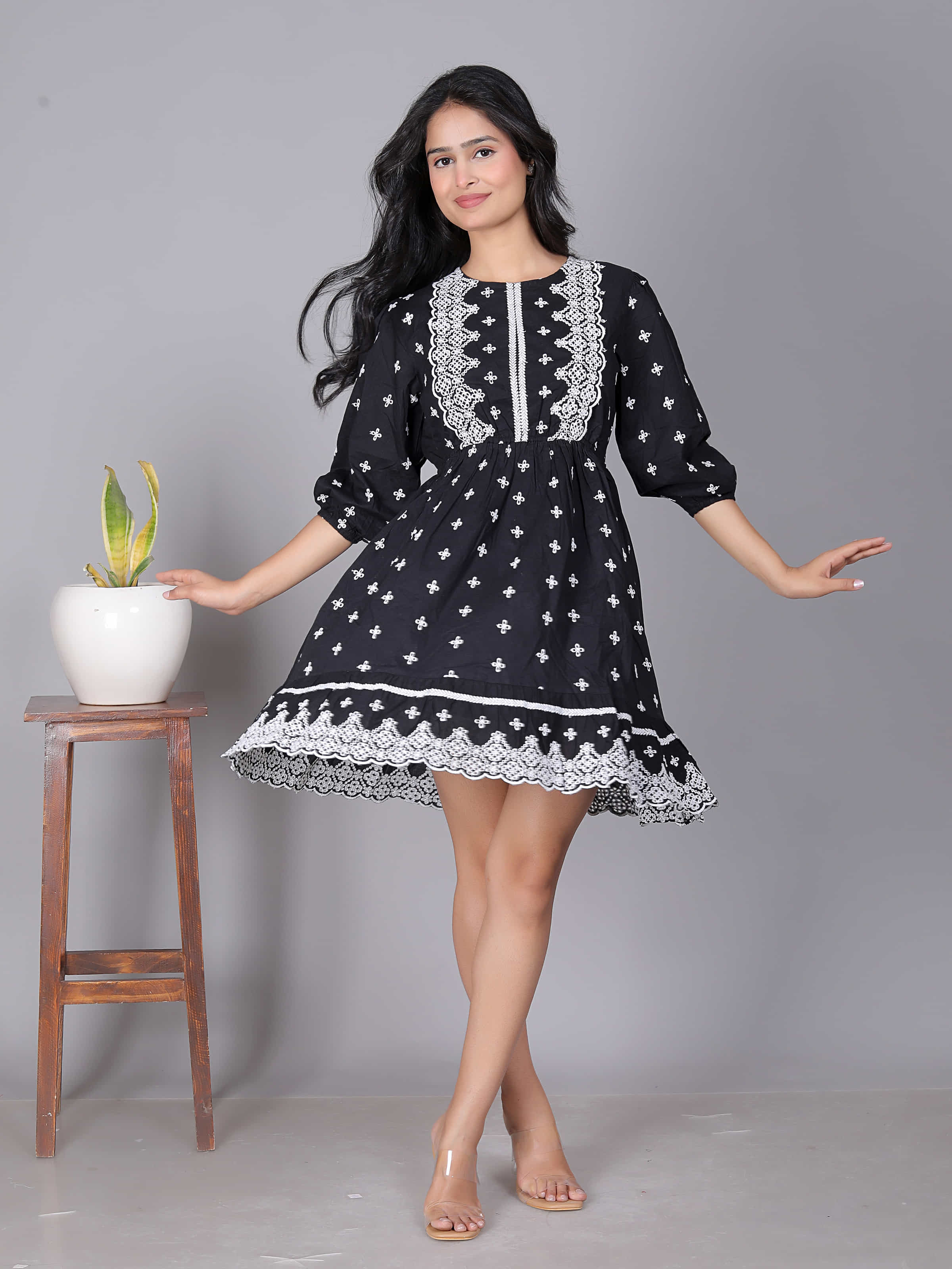 Black Embroidered Fit Flare Dress
