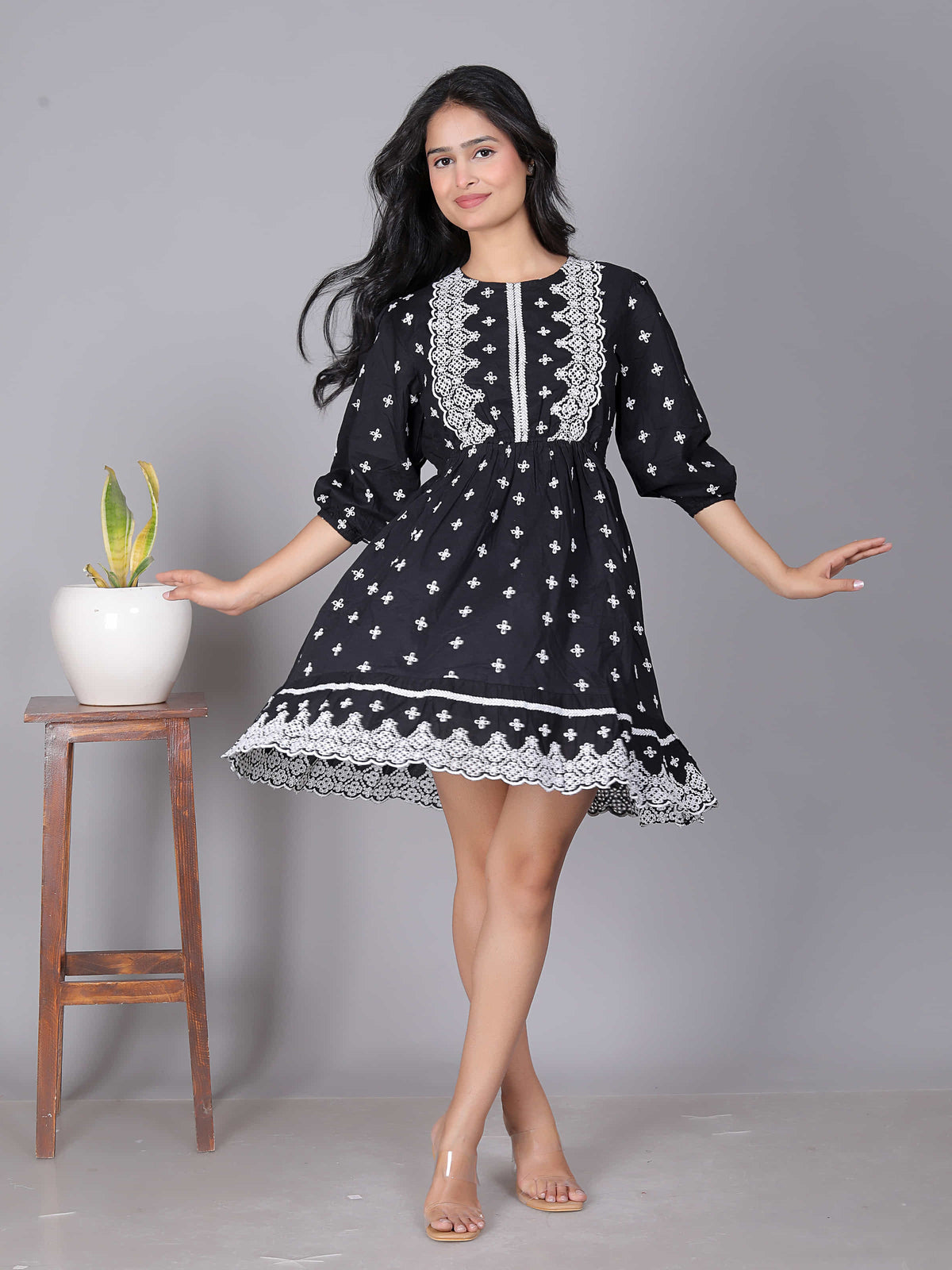 Black Embroidered Fit Flare Dress