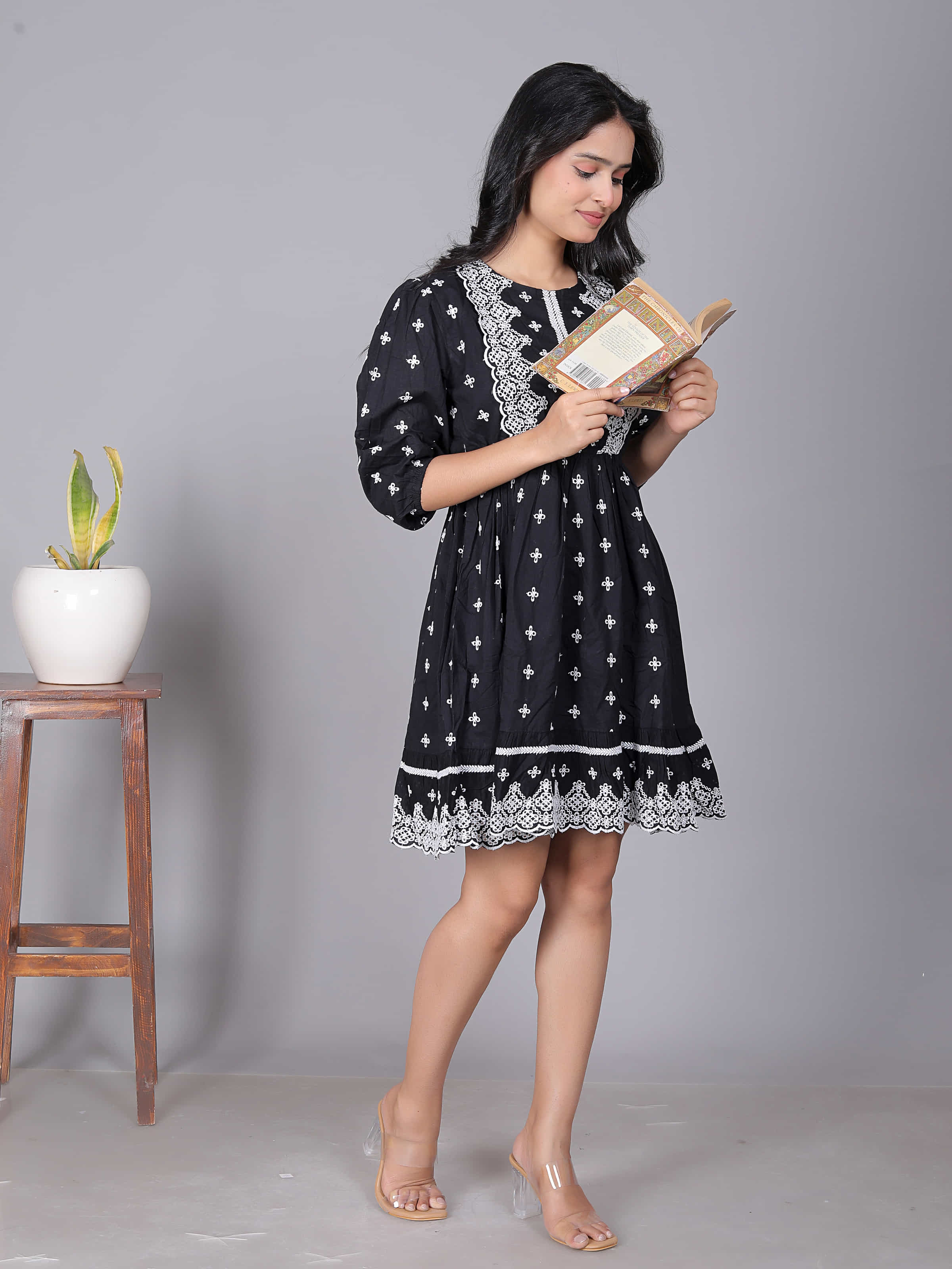 Black Embroidered Fit Flare Dress