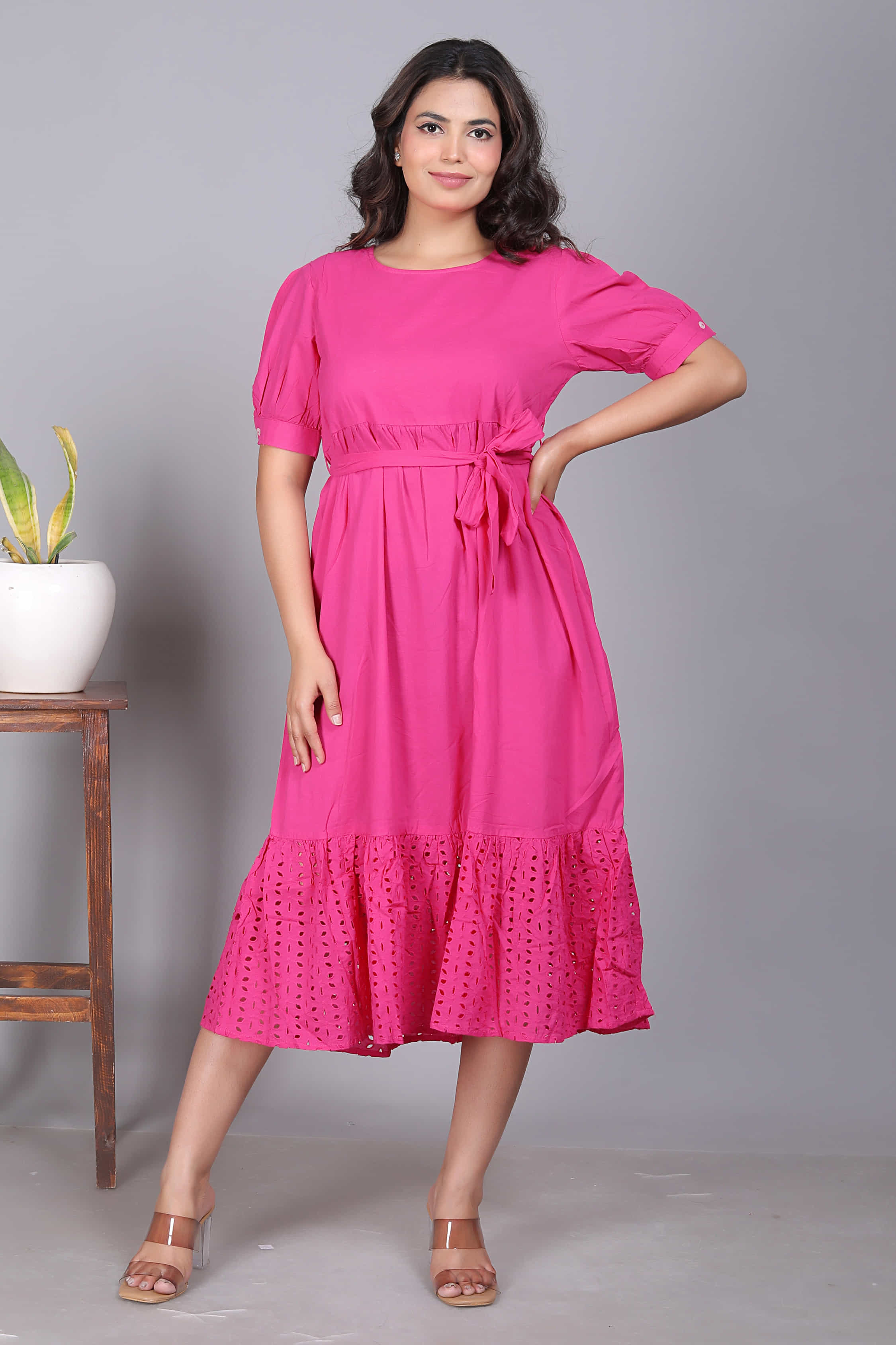 Pink Solid Tie-Waist Midi Dress