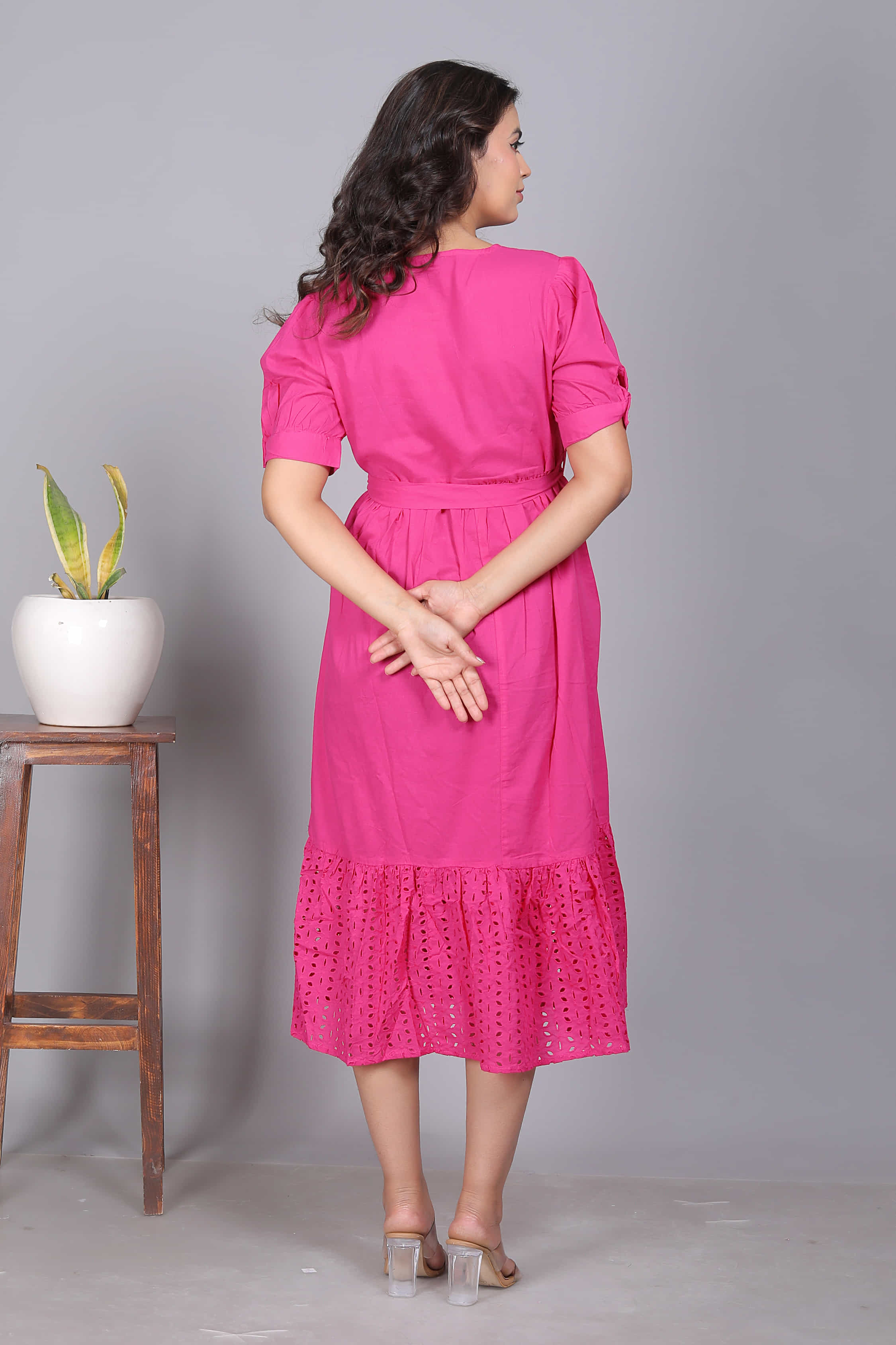 Pink Solid Tie-Waist Midi Dress