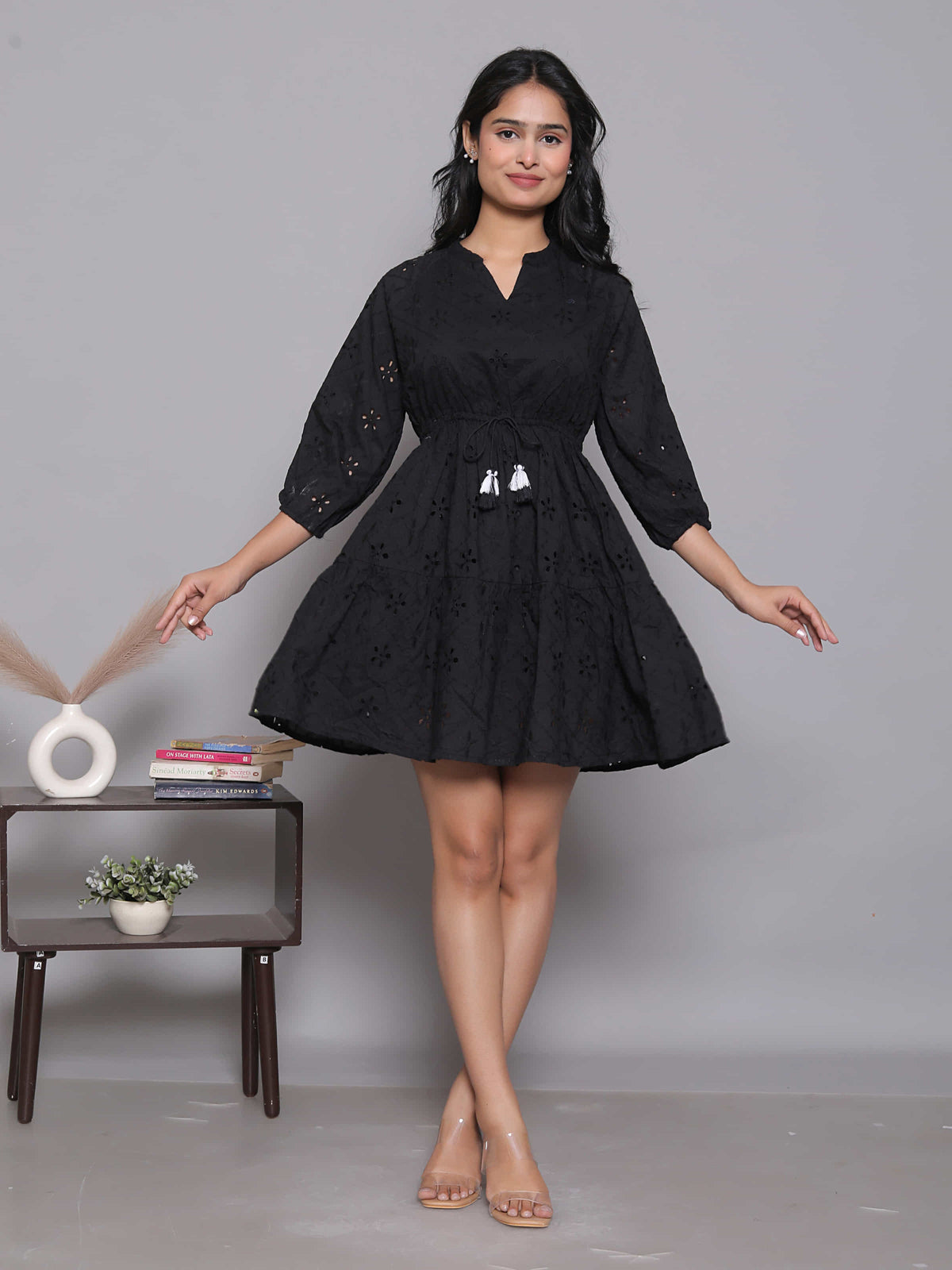 Black Schiffli Balloon Sleeve Dress