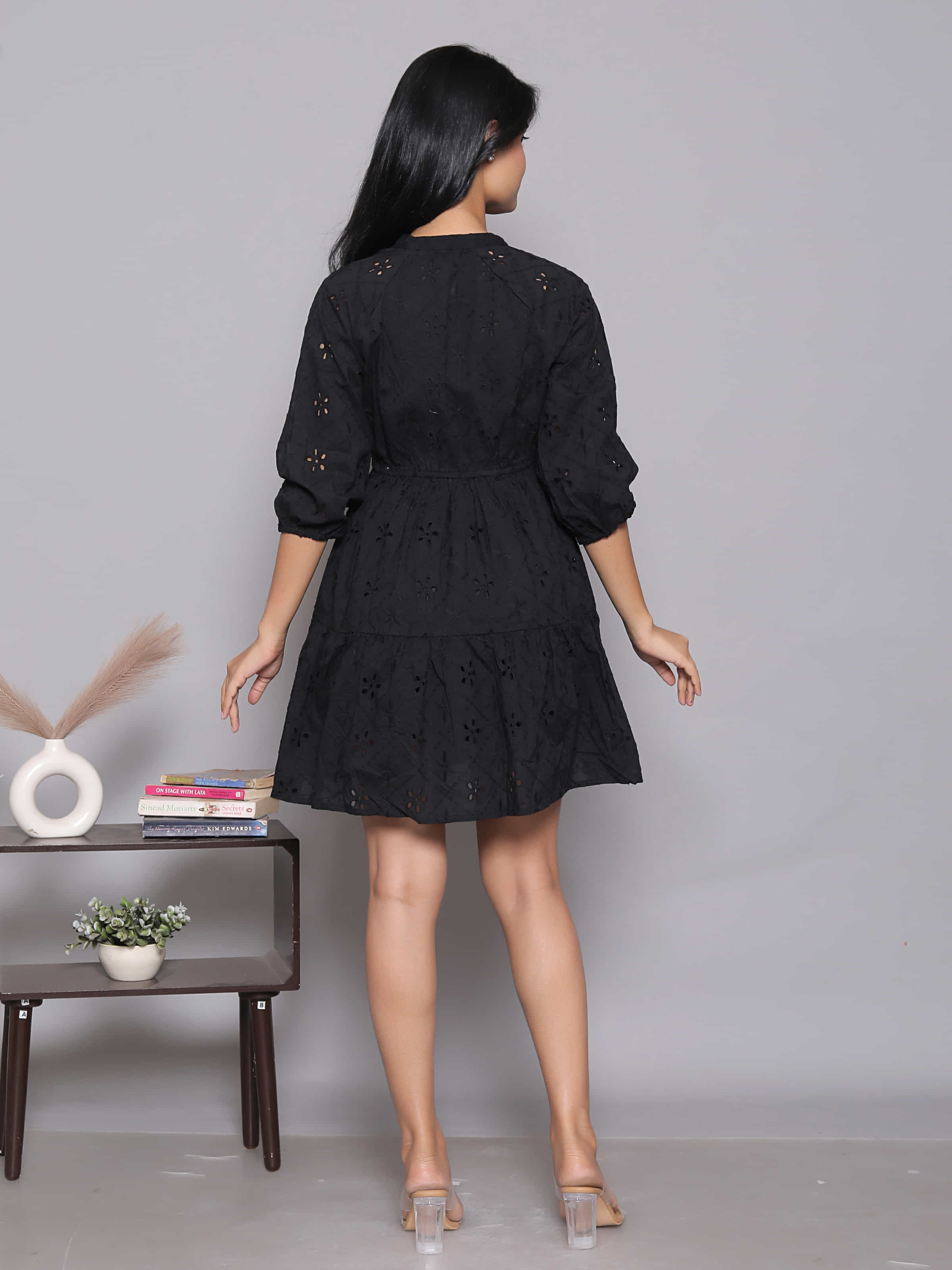 Black Schiffli Balloon Sleeve Dress