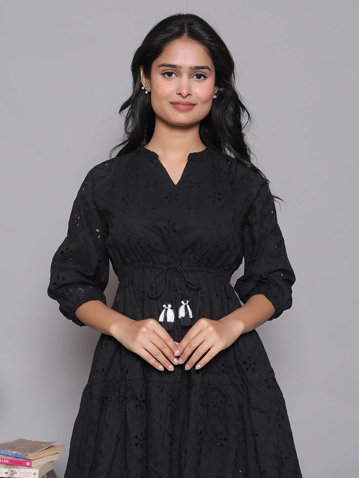 Black Schiffli Balloon Sleeve Dress