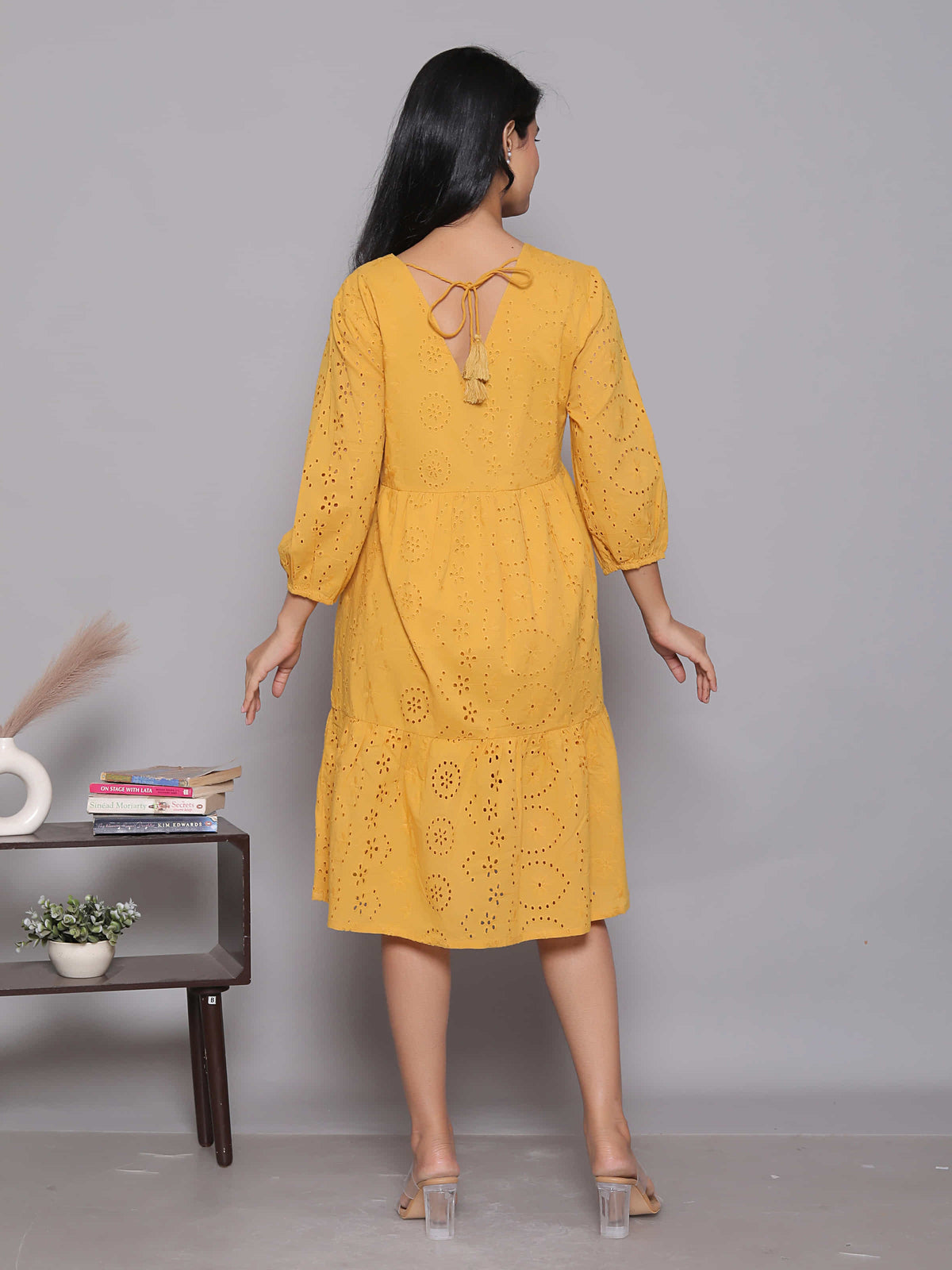 Mustard Schiffli Tiered A-Line Dress