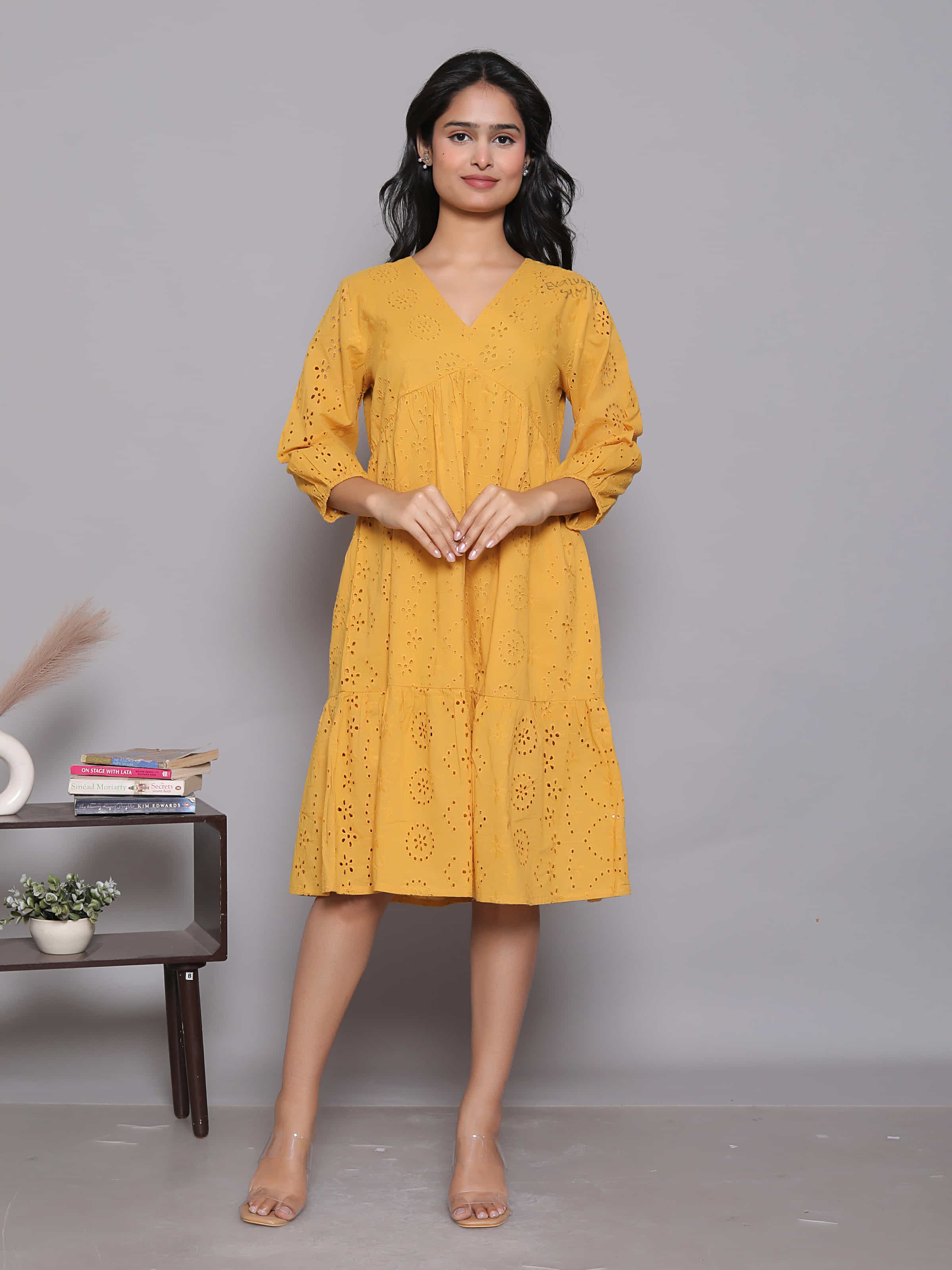 Mustard Schiffli Tiered A-Line Dress