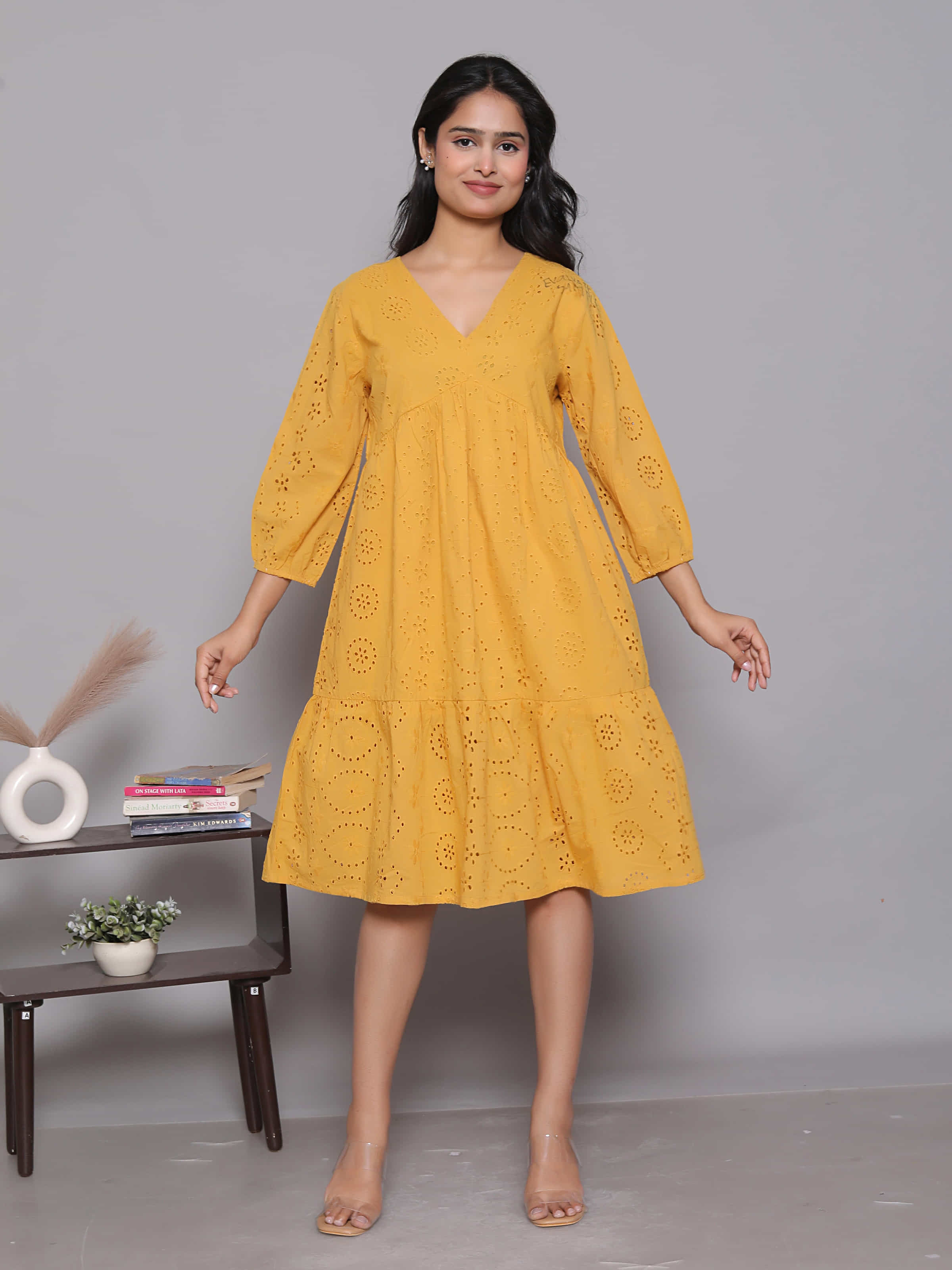 Mustard Schiffli Tiered A-Line Dress