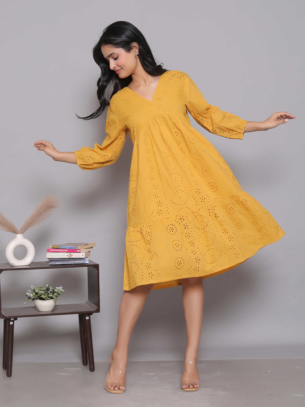 Mustard Schiffli Tiered A-Line Dress